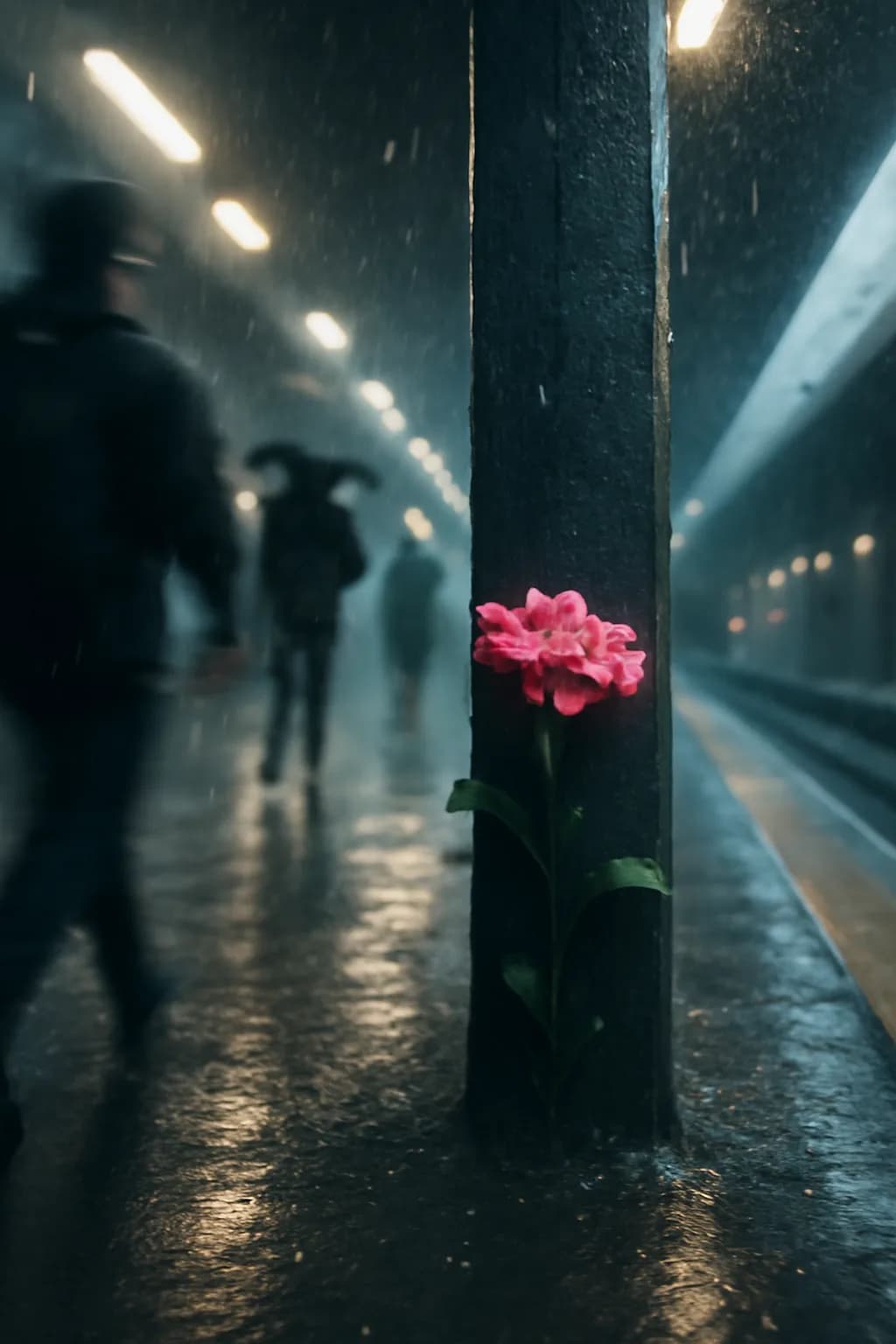 A realistic underground metro platform with a vivid flower installation, moody lighting, and cinematic depth. a normal place interrupted by one precise weather event