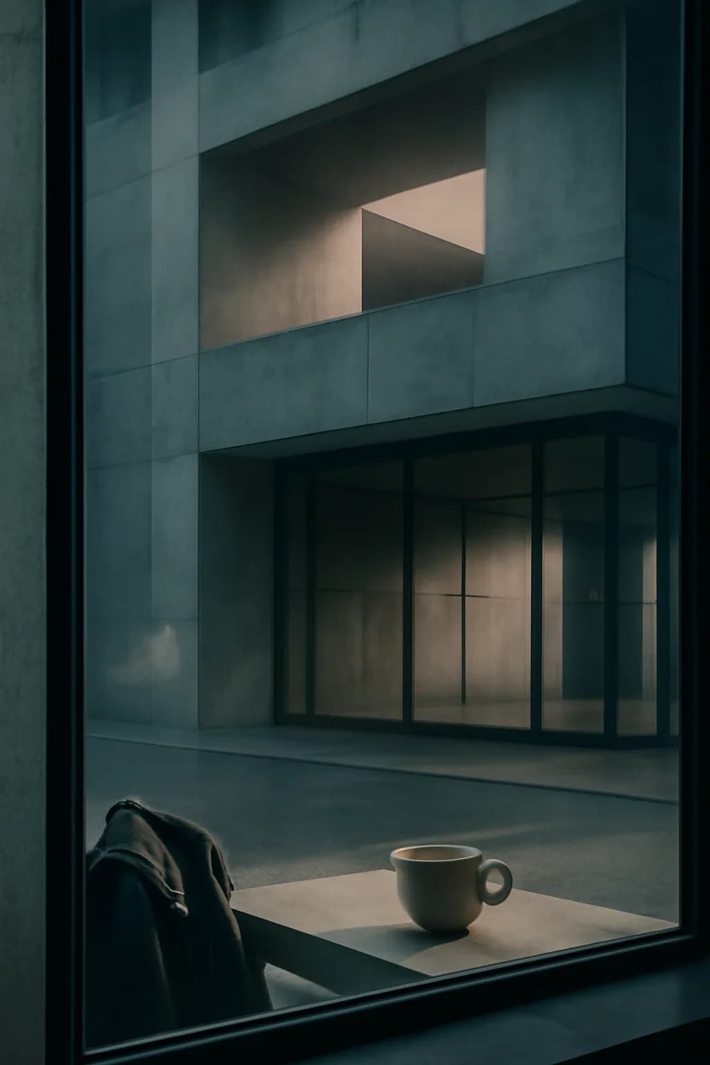 A realistic cafe window at morning rush with layered reflections, coffee cups, pedestrians, and soft street light. clean architectural geometry with one small emotional detail