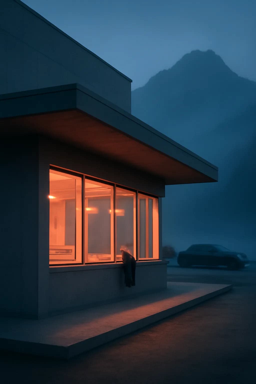 A realistic roadside mountain diner at blue hour with glowing windows, parked cars, mist, and quiet atmosphere. clean architectural geometry with one small emotional detail