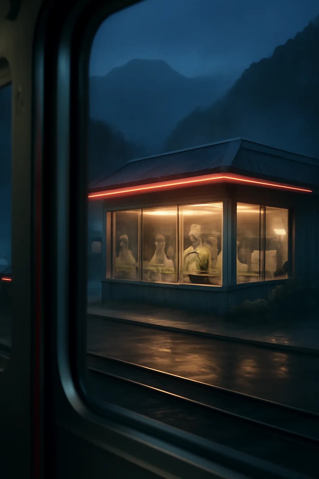 A realistic roadside mountain diner at blue hour with glowing windows, parked cars, mist, and quiet atmosphere. a fast transit-adjacent glimpse with strong leading lines