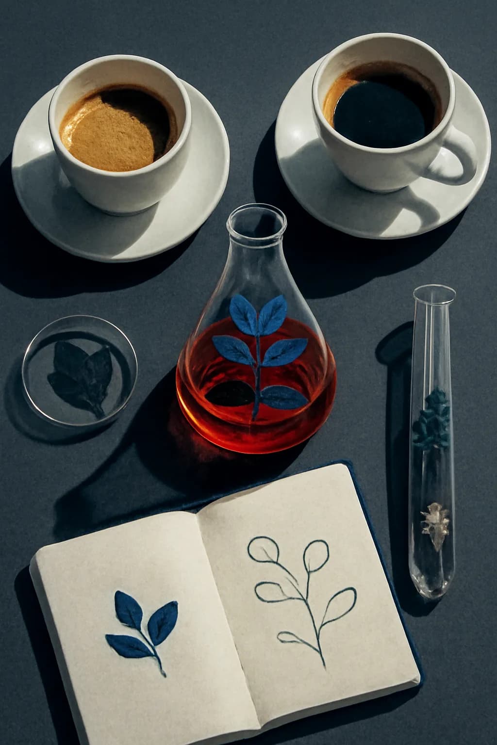 A realistic cafe window at morning rush with layered reflections, coffee cups, pedestrians, and soft street light. top-down scene arranged like a ritual table, each item instantly readable