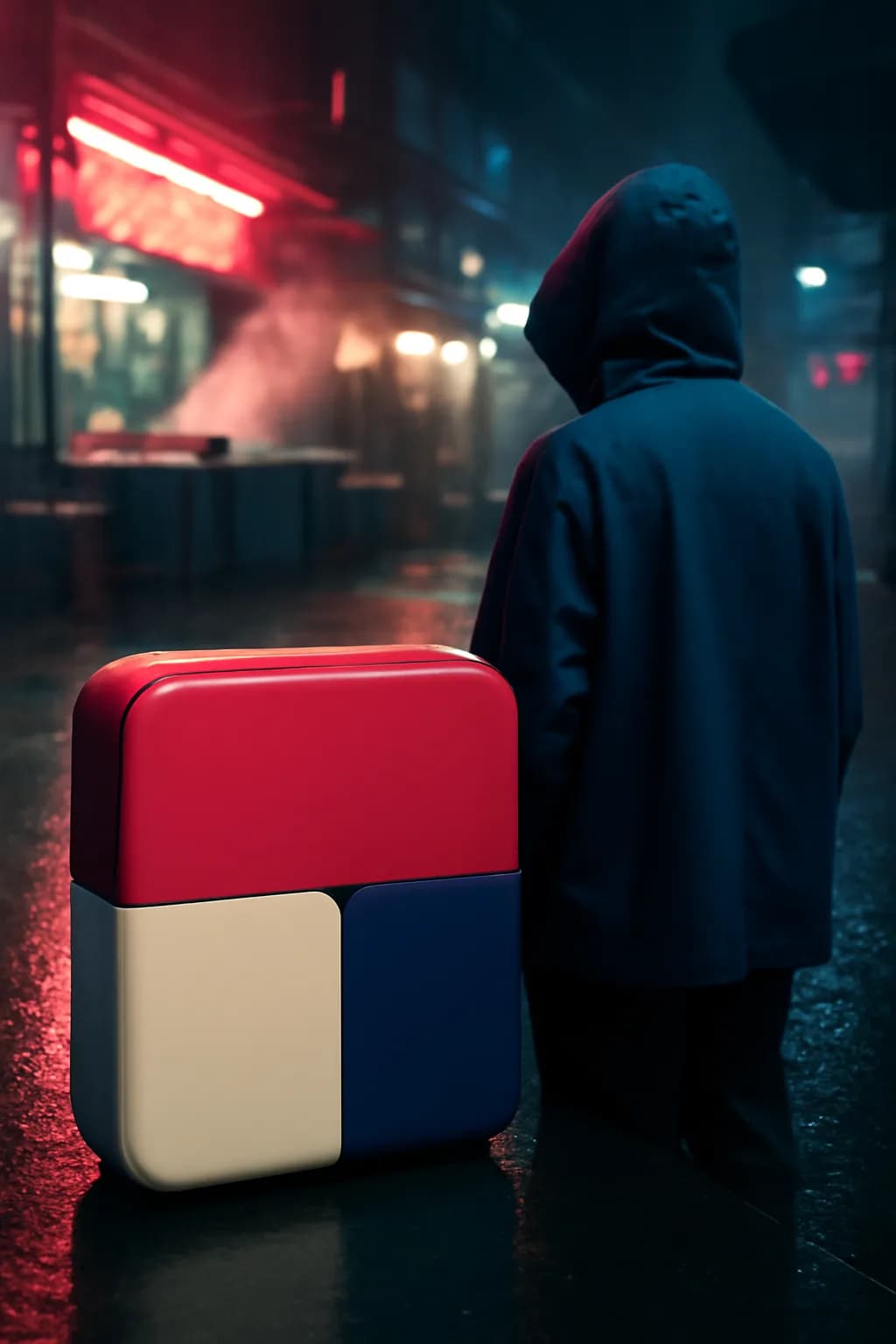 A photorealistic rainy night street market with neon reflections, wet pavement, and a cinematic city glow. bold blocks of color arranged as a readable feed-first scene