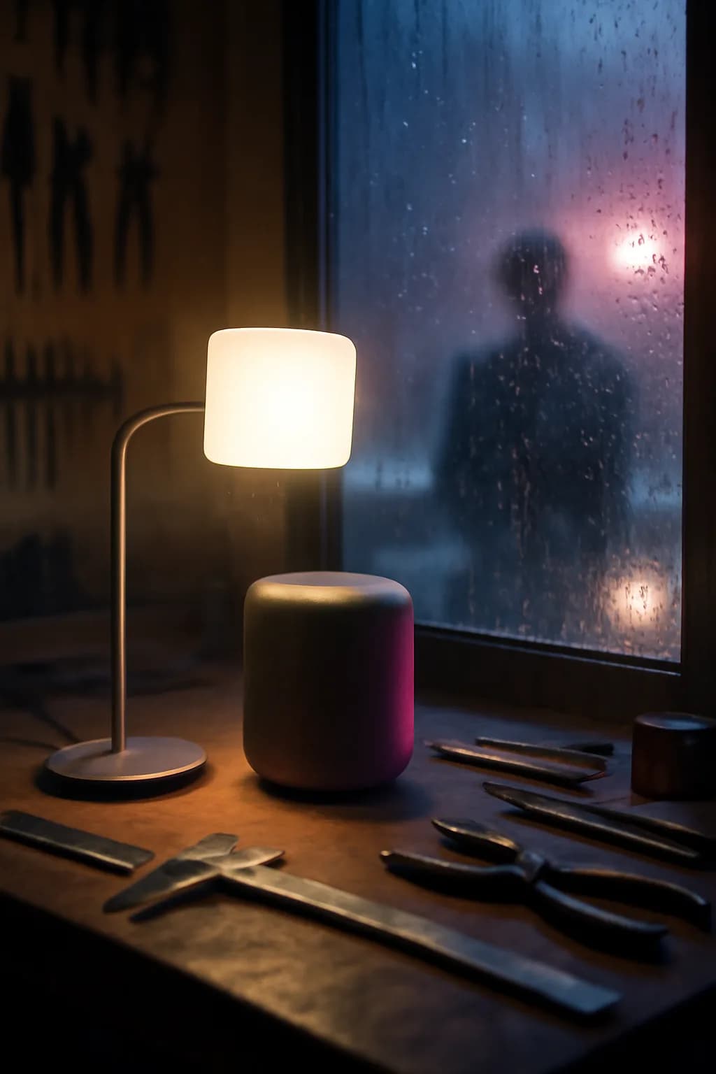 A realistic small workshop at night with warm lamps, precise tools, dust particles, and a cinematic handmade mood. a normal place interrupted by one precise weather event