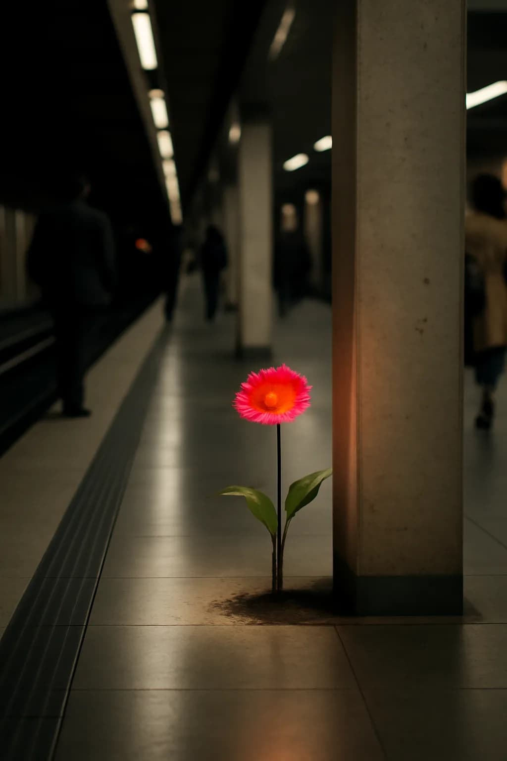 A realistic underground metro platform with a vivid flower installation, moody lighting, and cinematic depth. one impossible detail inside an otherwise believable everyday scene