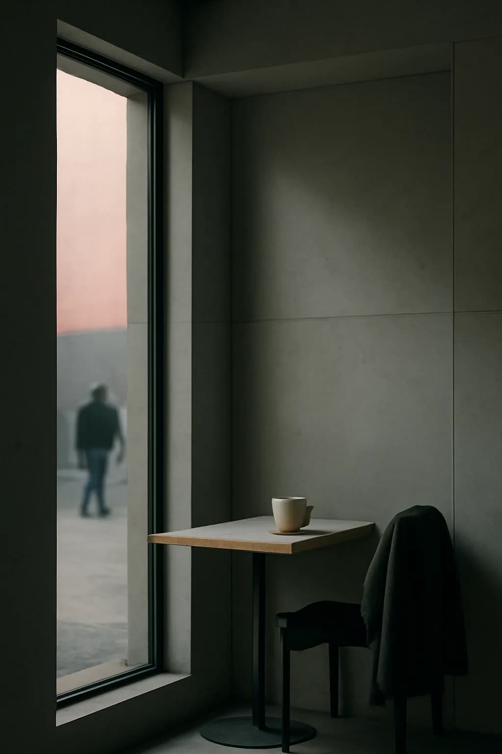 A realistic cafe window at morning rush with layered reflections, coffee cups, pedestrians, and soft street light. clean architectural geometry with one small emotional detail