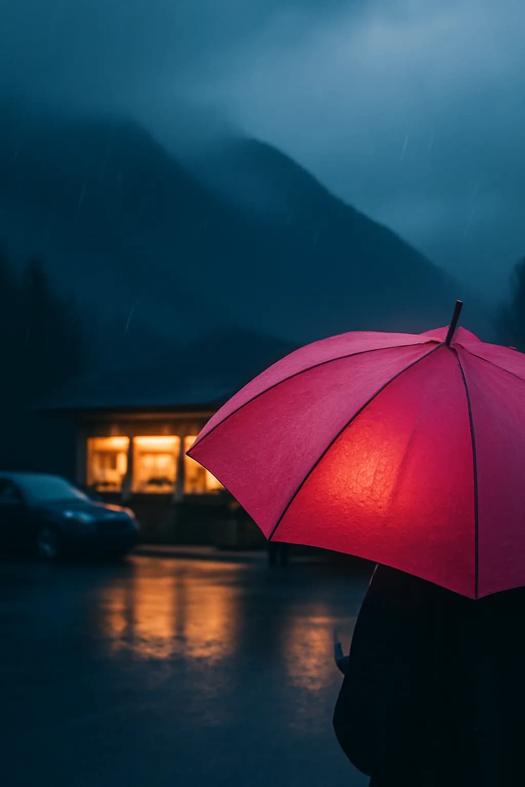 A realistic roadside mountain diner at blue hour with glowing windows, parked cars, mist, and quiet atmosphere. a normal place interrupted by one precise weather event