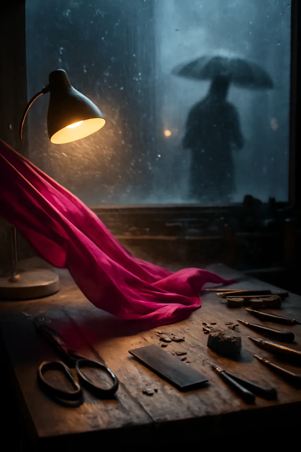 A realistic small workshop at night with warm lamps, precise tools, dust particles, and a cinematic handmade mood. a normal place interrupted by one precise weather event