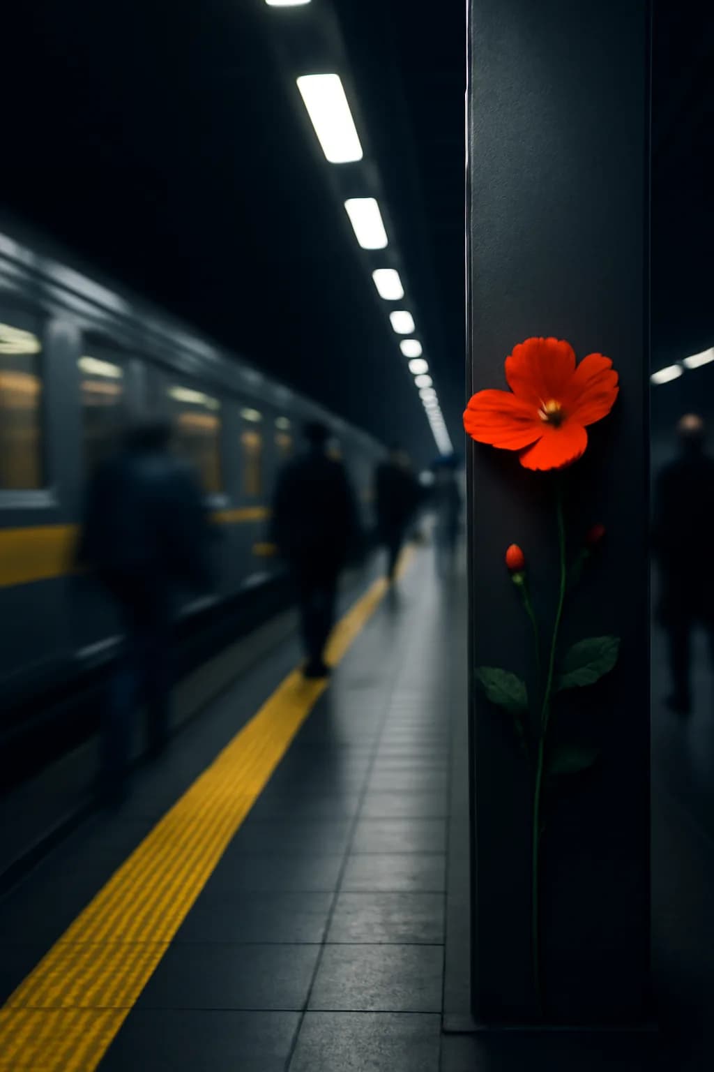 A realistic underground metro platform with a vivid flower installation, moody lighting, and cinematic depth. a fast transit-adjacent glimpse with strong leading lines