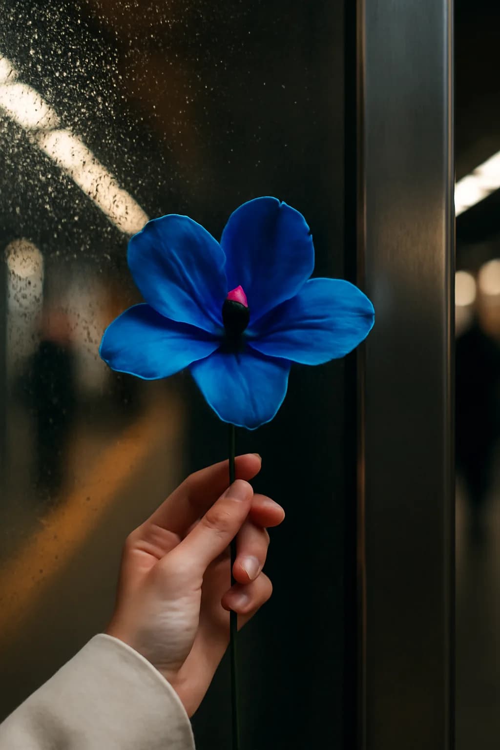A realistic underground metro platform with a vivid flower installation, moody lighting, and cinematic depth. one memorable object dominates the frame with a clear silhouette and generous negative space