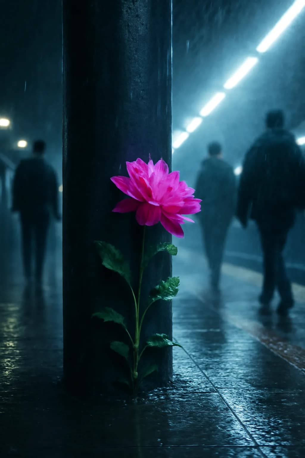 A realistic underground metro platform with a vivid flower installation, moody lighting, and cinematic depth. a normal place interrupted by one precise weather event