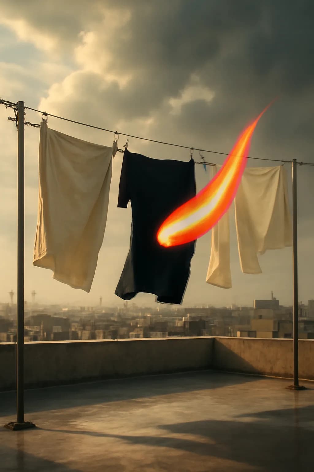 A realistic rooftop laundry line above a dense city, with dramatic clouds, soft wind, and glowing late afternoon light. one impossible detail inside an otherwise believable everyday scene