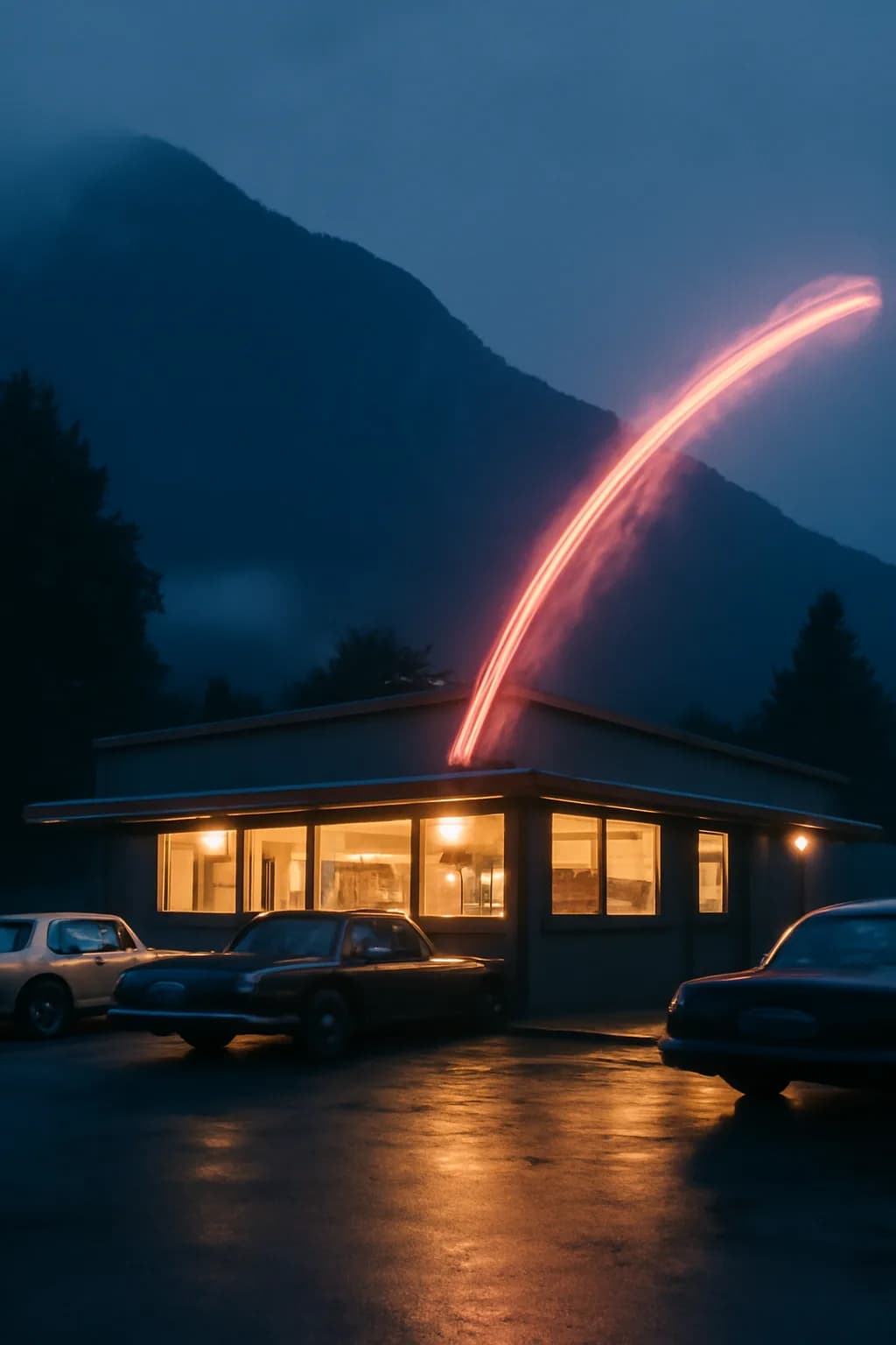 A realistic roadside mountain diner at blue hour with glowing windows, parked cars, mist, and quiet atmosphere. one impossible detail inside an otherwise believable everyday scene