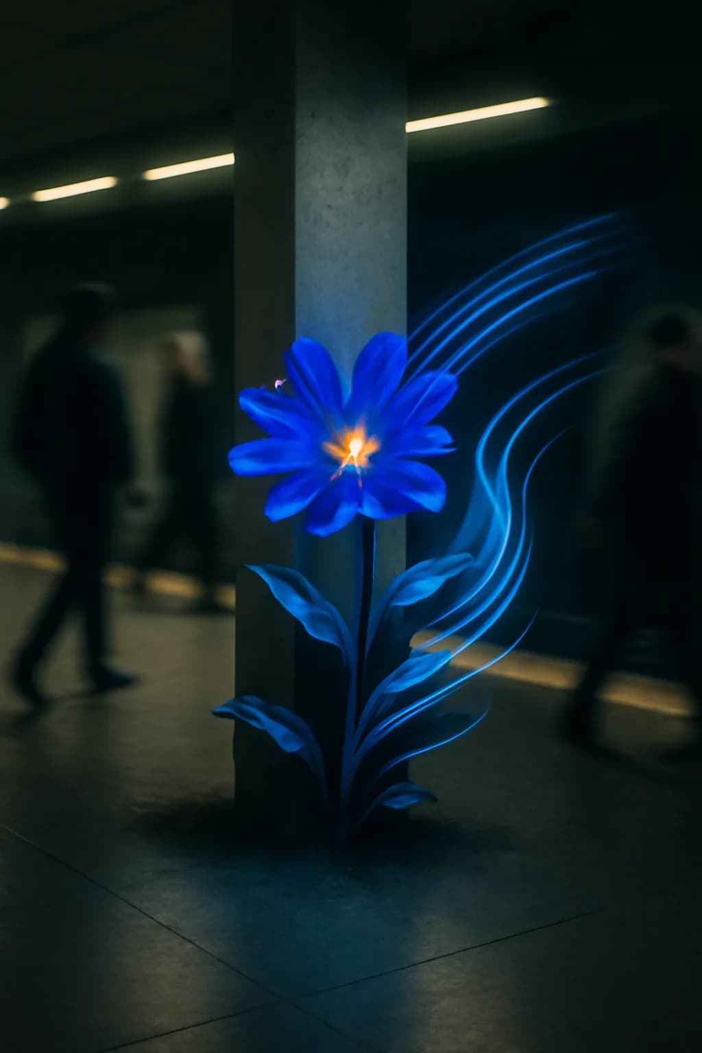 A realistic underground metro platform with a vivid flower installation, moody lighting, and cinematic depth. one impossible detail inside an otherwise believable everyday scene