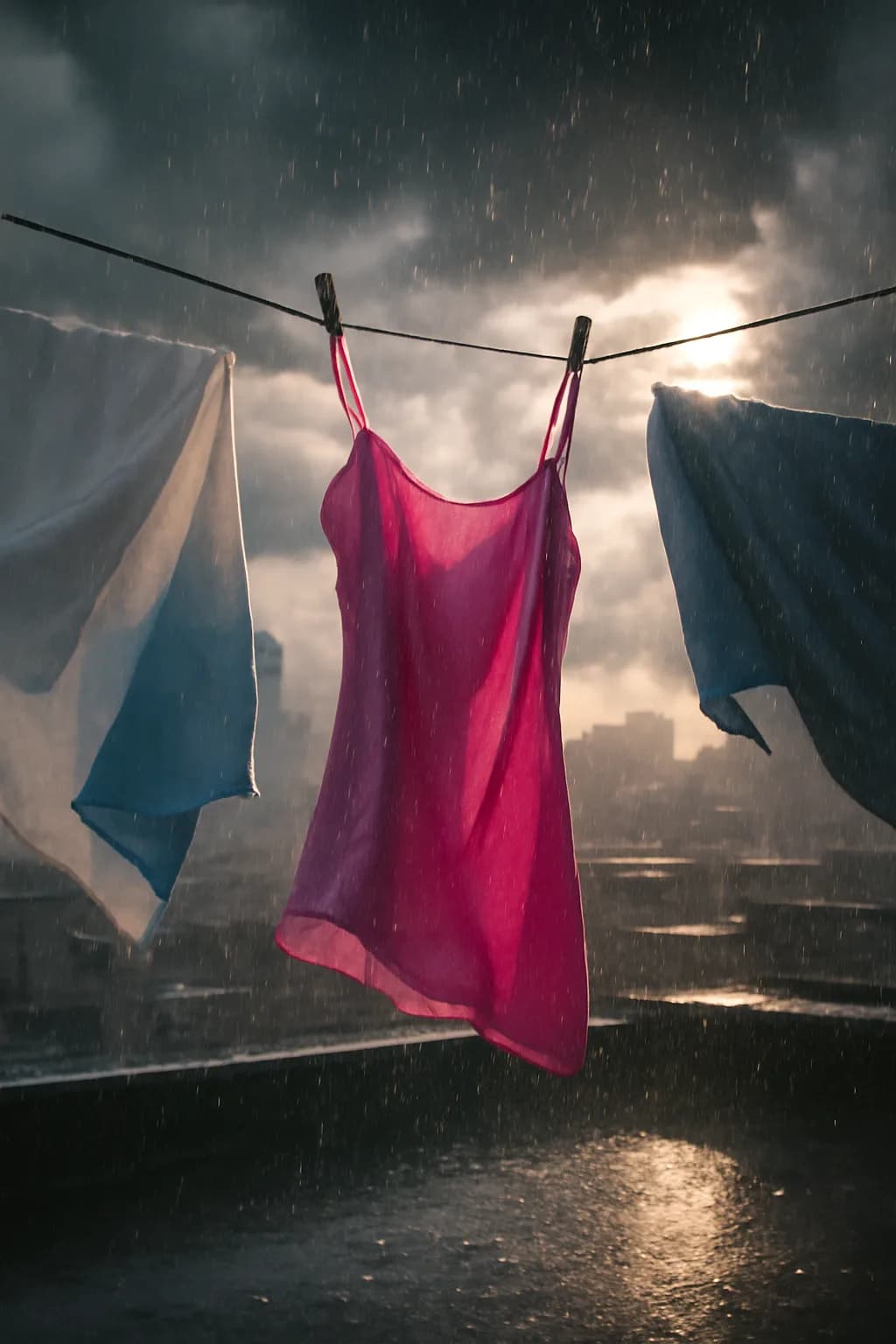 A realistic rooftop laundry line above a dense city, with dramatic clouds, soft wind, and glowing late afternoon light. a normal place interrupted by one precise weather event