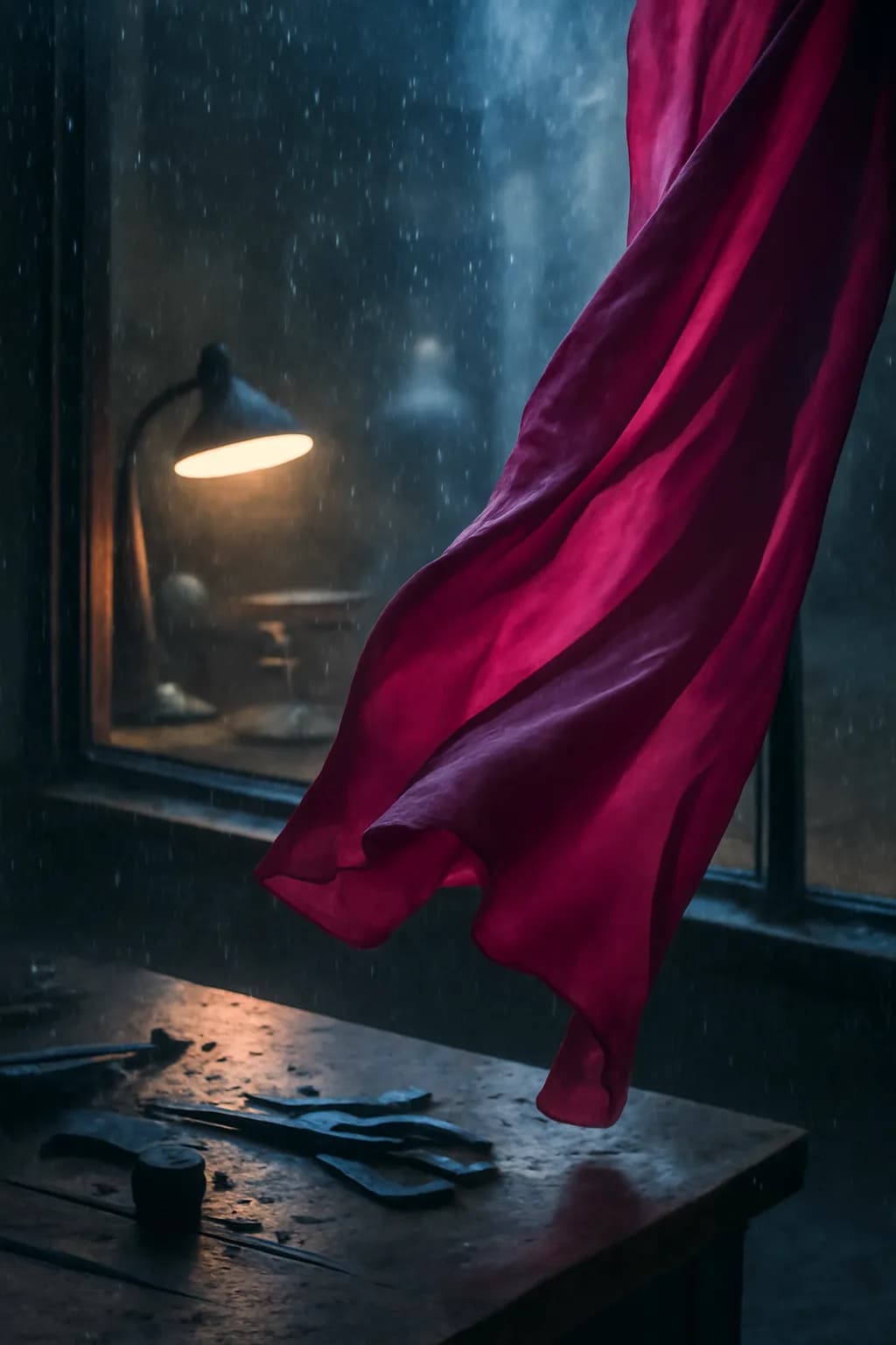 A realistic small workshop at night with warm lamps, precise tools, dust particles, and a cinematic handmade mood. a normal place interrupted by one precise weather event