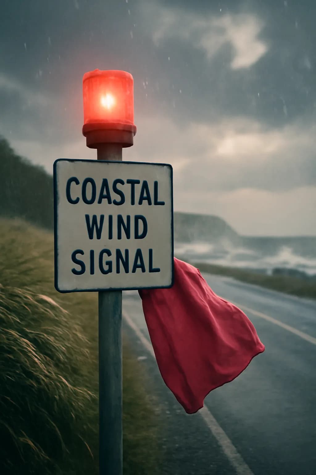 A realistic coastal road with sea spray, wind-shaped grass, dramatic sky, and a clean cinematic composition. a normal place interrupted by one precise weather event