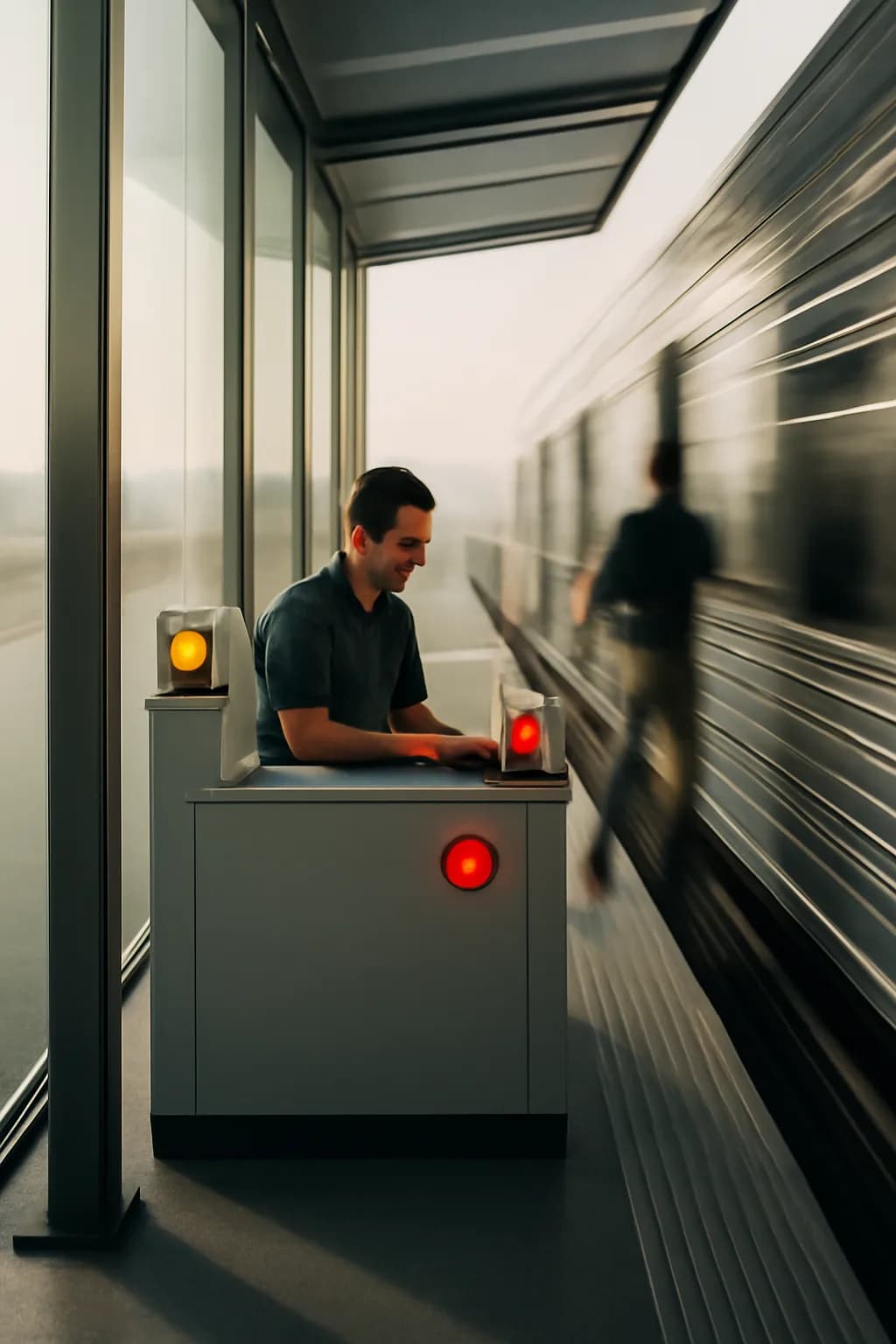 A realistic glass transit station in a desert at sunrise with warm light, long shadows, and a quiet futuristic mood. a fast transit-adjacent glimpse with strong leading lines