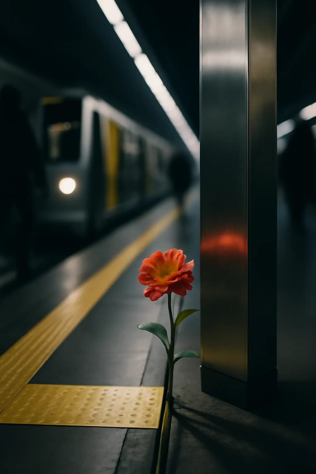 A realistic underground metro platform with a vivid flower installation, moody lighting, and cinematic depth. a fast transit-adjacent glimpse with strong leading lines