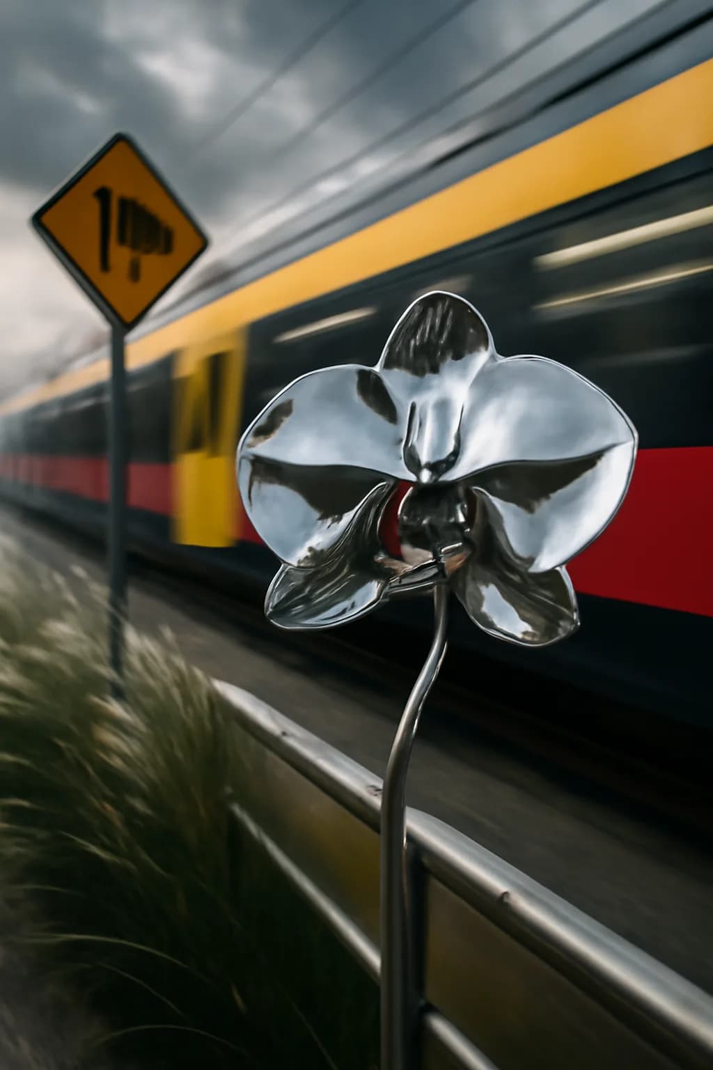 A realistic coastal road with sea spray, wind-shaped grass, dramatic sky, and a clean cinematic composition. a fast transit-adjacent glimpse with strong leading lines