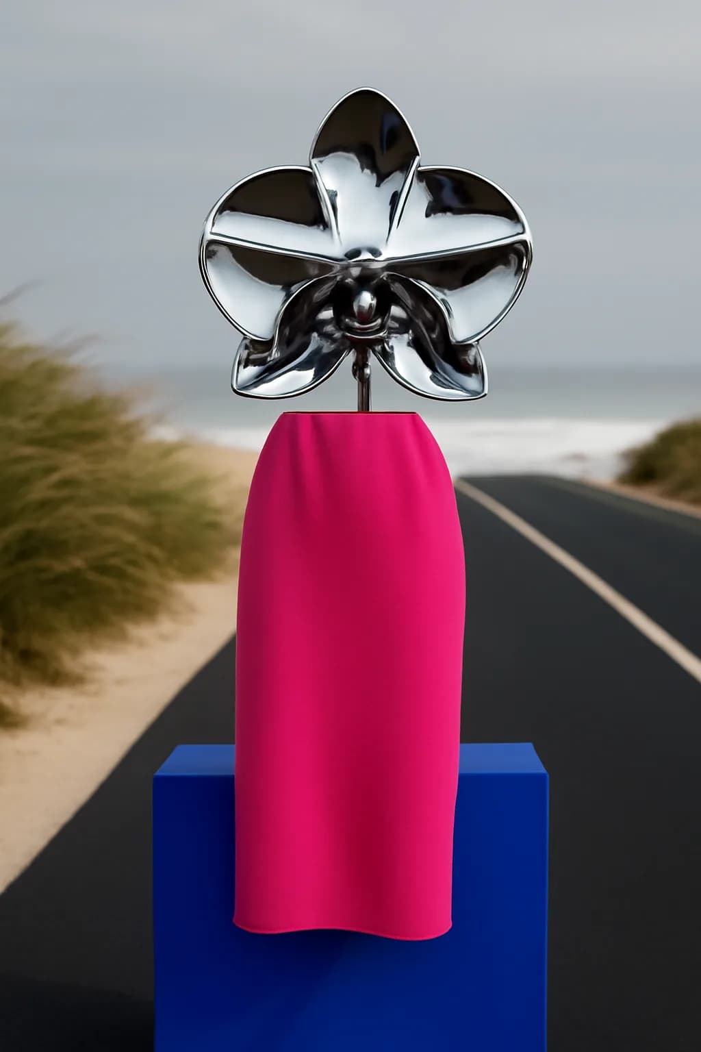 A realistic coastal road with sea spray, wind-shaped grass, dramatic sky, and a clean cinematic composition. bold blocks of color arranged as a readable feed-first scene