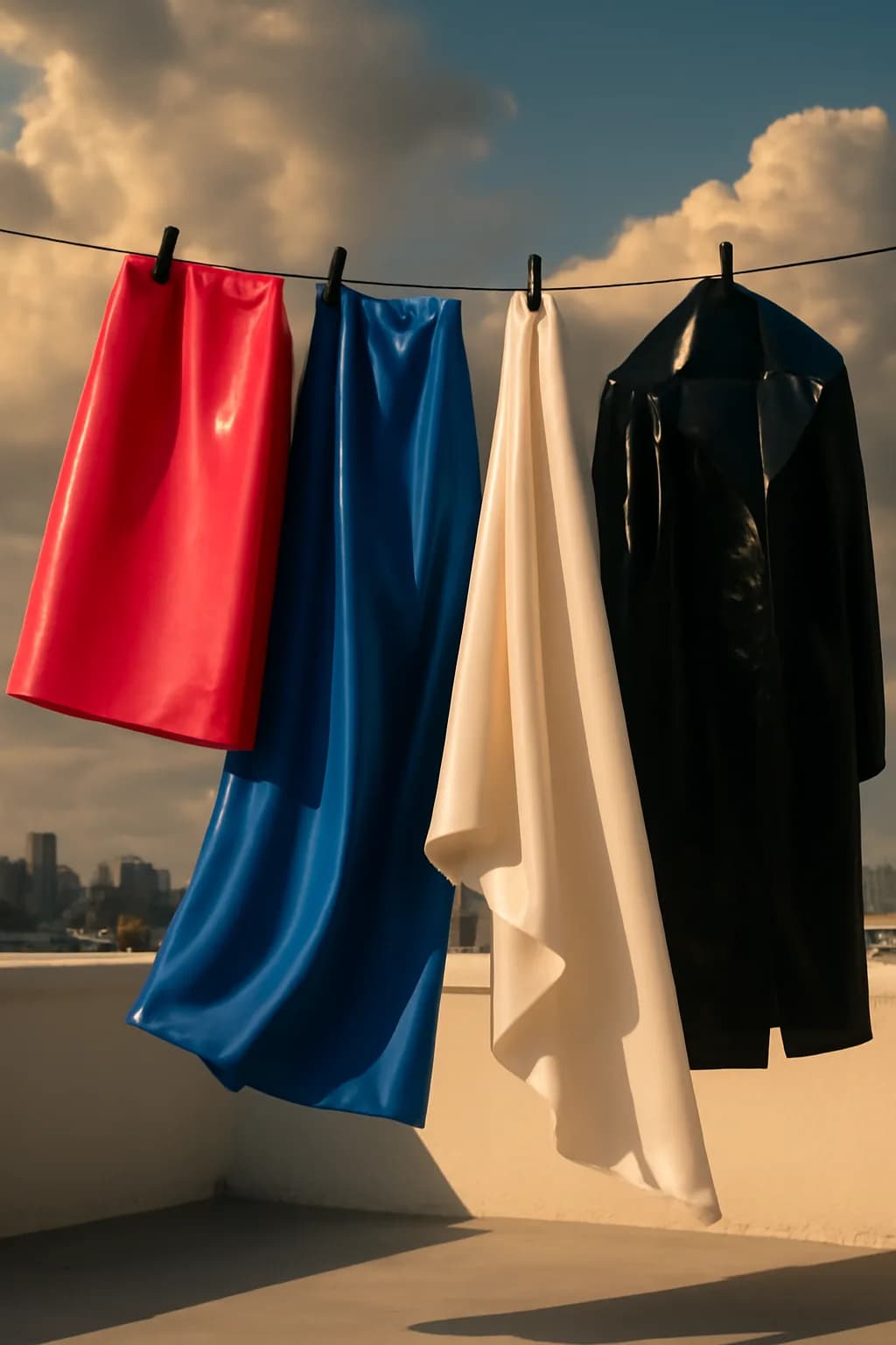 A realistic rooftop laundry line above a dense city, with dramatic clouds, soft wind, and glowing late afternoon light. bold blocks of color arranged as a readable feed-first scene