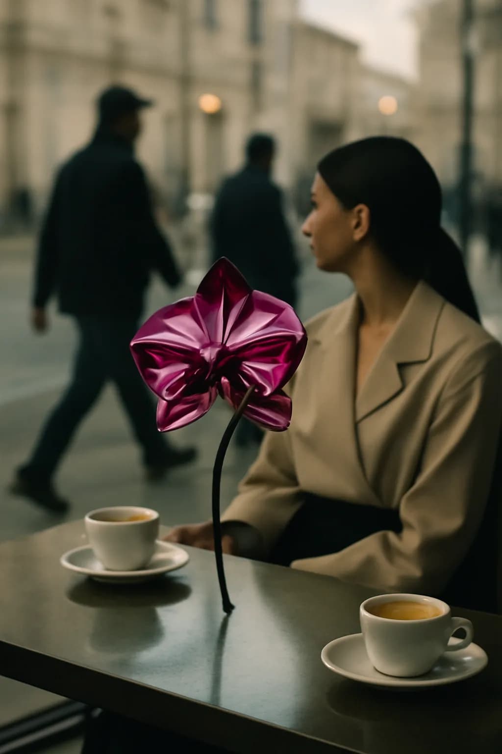 A realistic cafe window at morning rush with layered reflections, coffee cups, pedestrians, and soft street light. one impossible detail inside an otherwise believable everyday scene