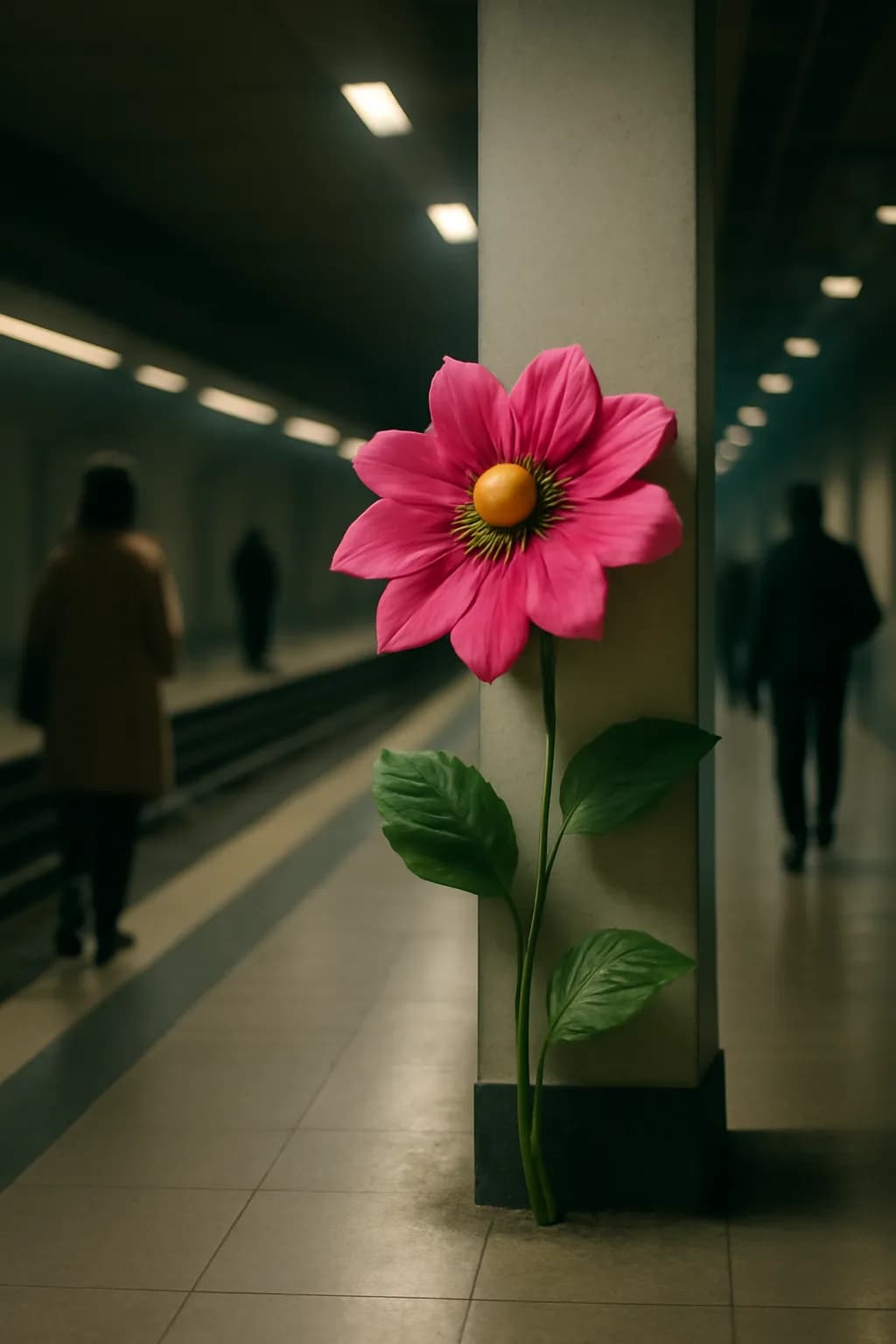A realistic underground metro platform with a vivid flower installation, moody lighting, and cinematic depth. one impossible detail inside an otherwise believable everyday scene
