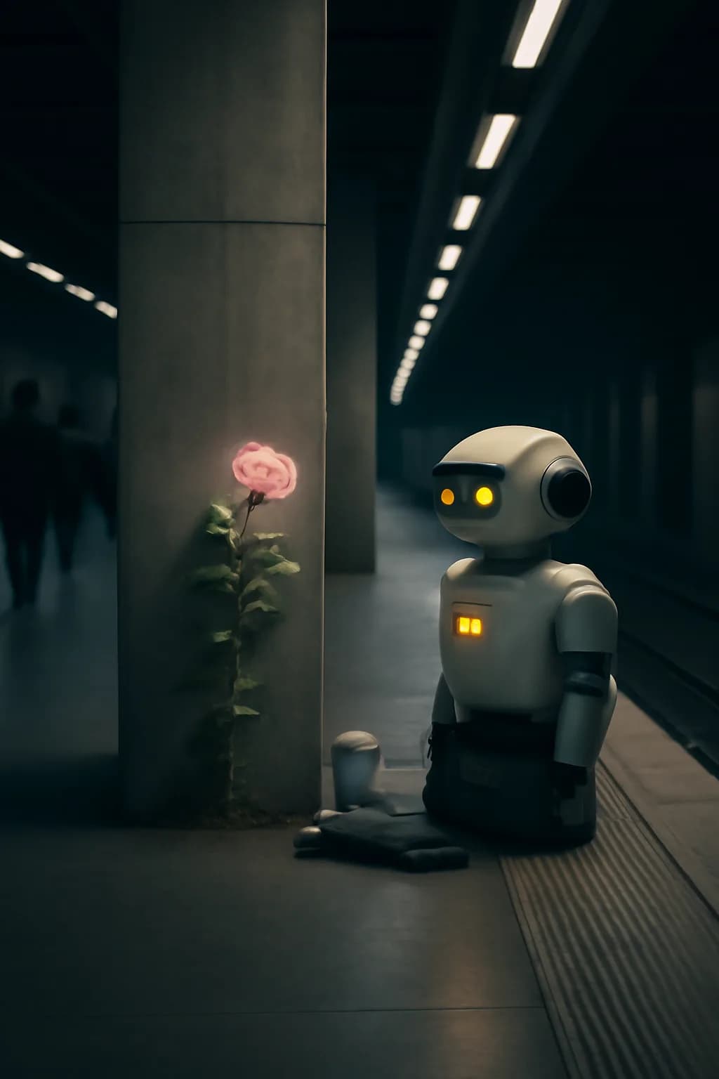 A realistic underground metro platform with a vivid flower installation, moody lighting, and cinematic depth. clean architectural geometry with one small emotional detail