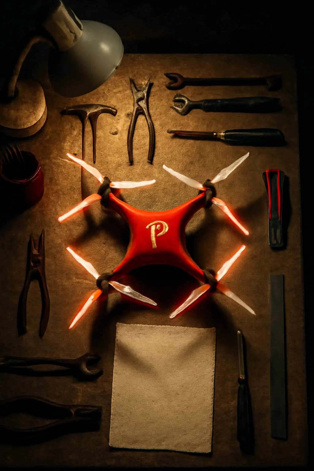 A realistic small workshop at night with warm lamps, precise tools, dust particles, and a cinematic handmade mood. top-down scene arranged like a ritual table, each item instantly readable