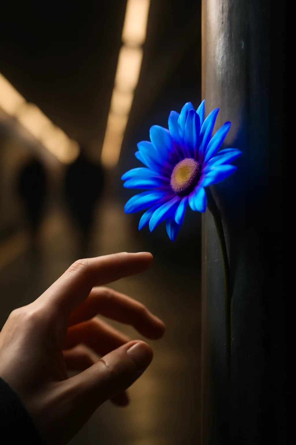A realistic underground metro platform with a vivid flower installation, moody lighting, and cinematic depth. one memorable object dominates the frame with a clear silhouette and generous negative space