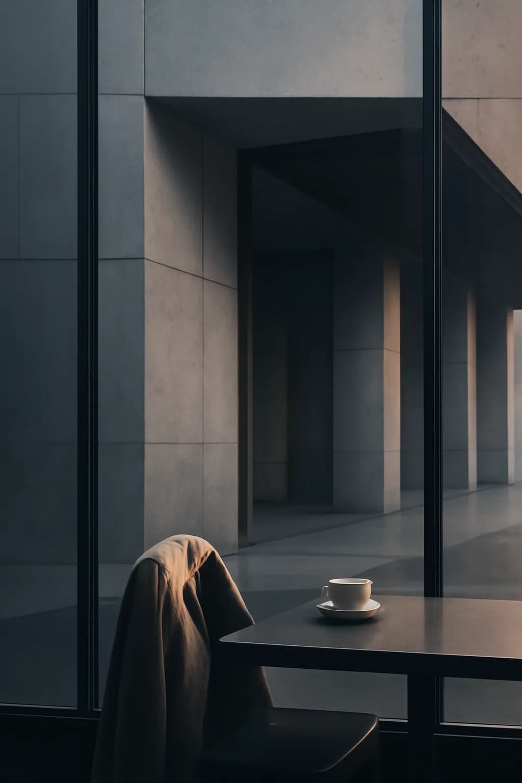 A realistic cafe window at morning rush with layered reflections, coffee cups, pedestrians, and soft street light. clean architectural geometry with one small emotional detail