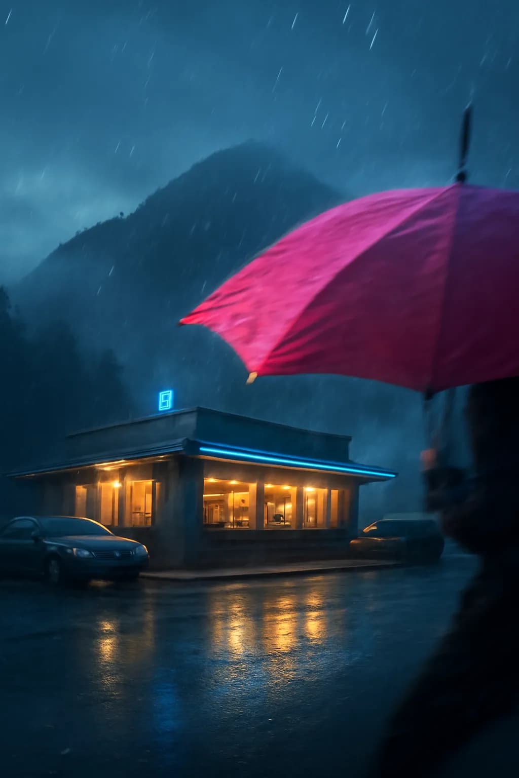A realistic roadside mountain diner at blue hour with glowing windows, parked cars, mist, and quiet atmosphere. a normal place interrupted by one precise weather event