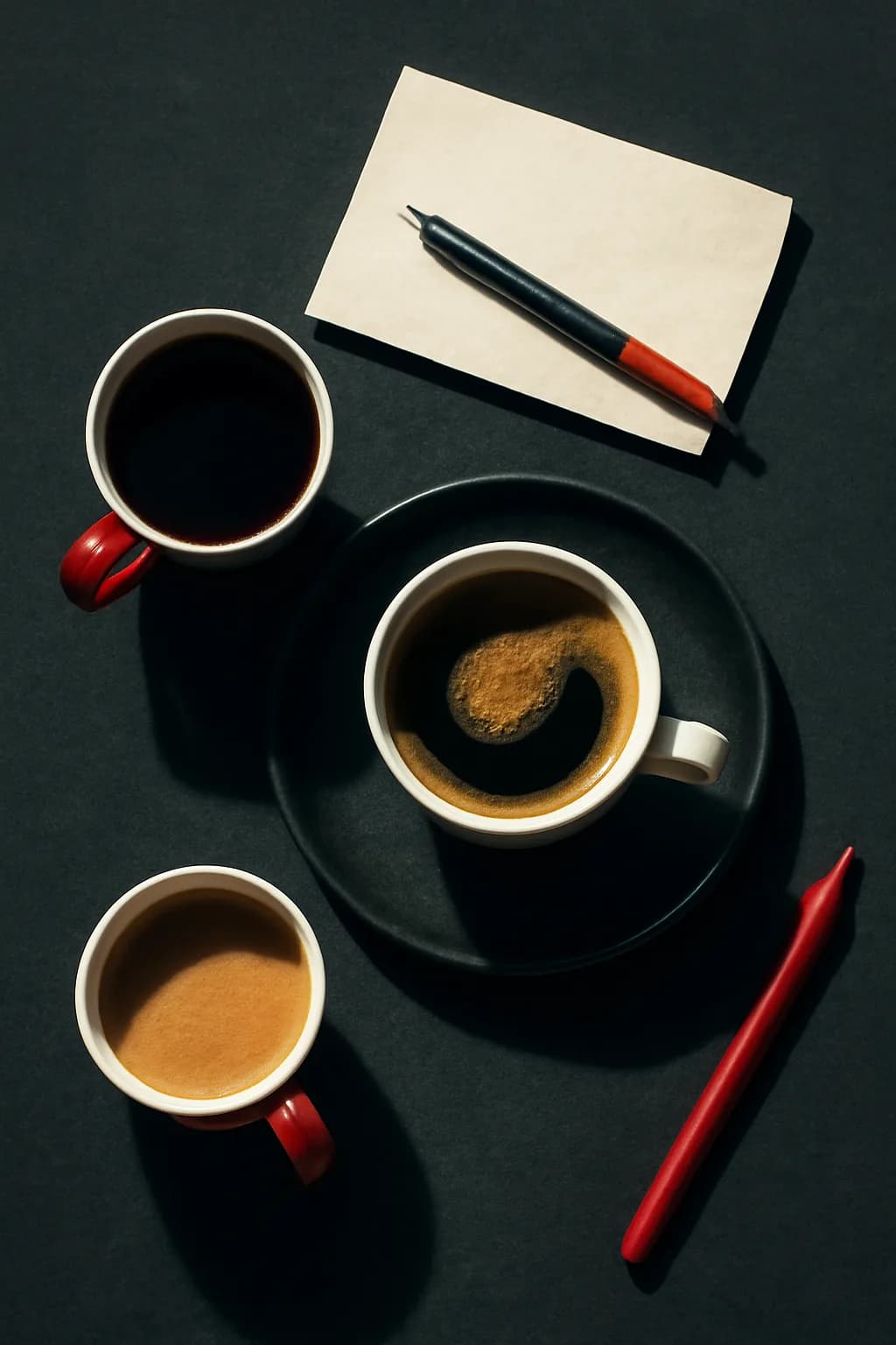 A realistic cafe window at morning rush with layered reflections, coffee cups, pedestrians, and soft street light. top-down scene arranged like a ritual table, each item instantly readable