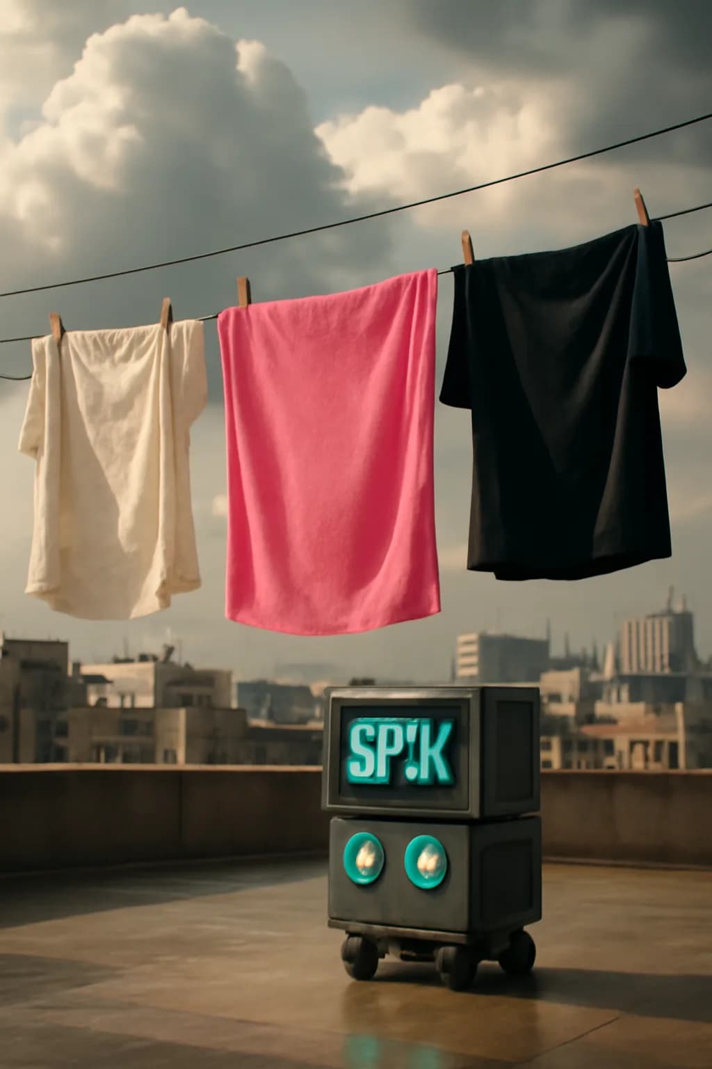 A realistic rooftop laundry line above a dense city, with dramatic clouds, soft wind, and glowing late afternoon light. one impossible detail inside an otherwise believable everyday scene