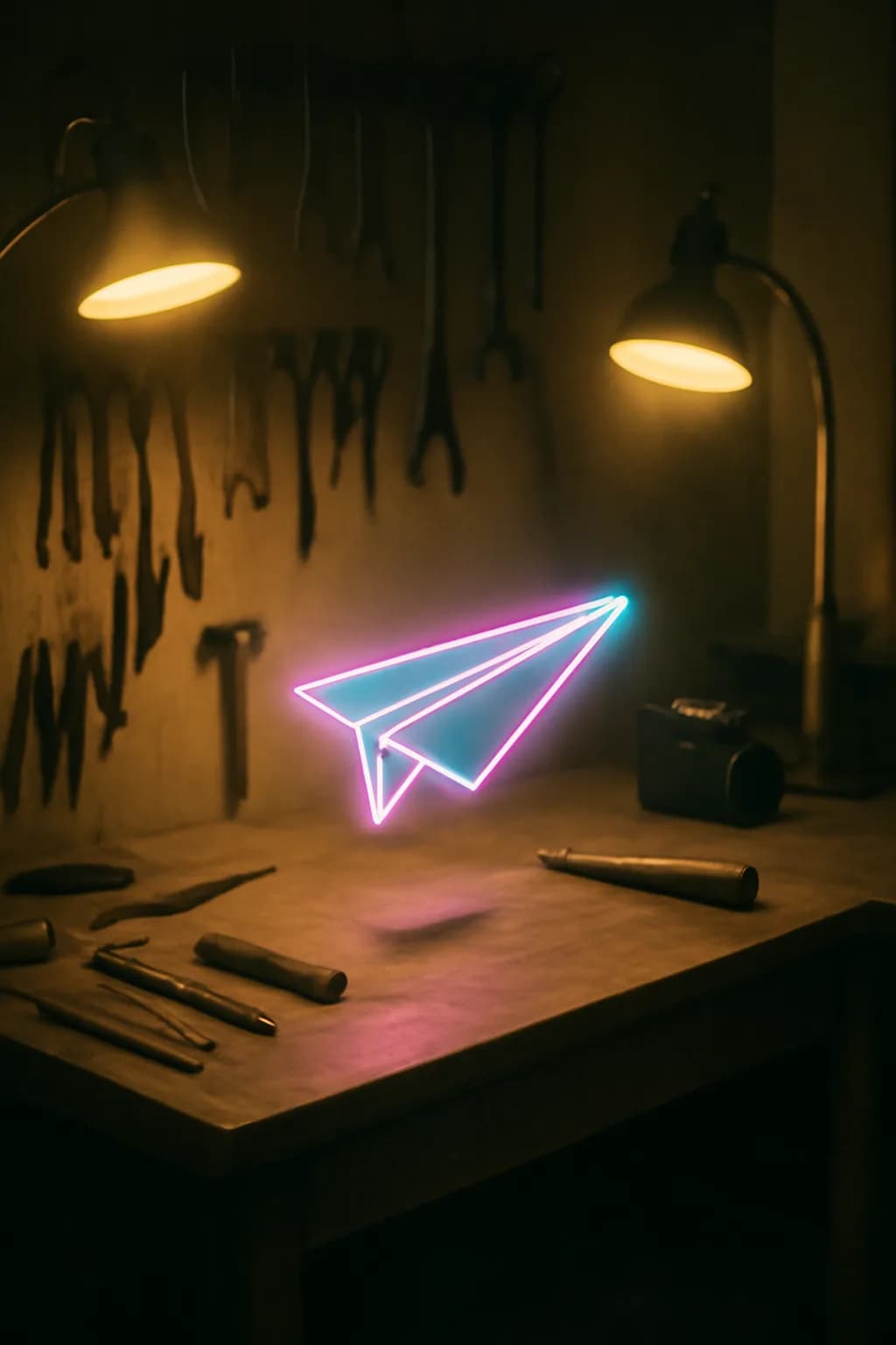 A realistic small workshop at night with warm lamps, precise tools, dust particles, and a cinematic handmade mood. one impossible detail inside an otherwise believable everyday scene
