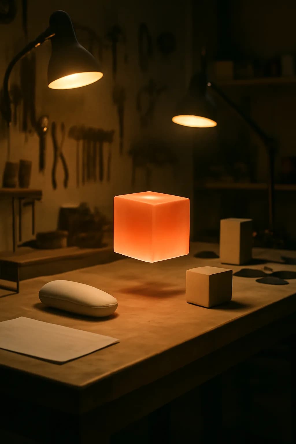 A realistic small workshop at night with warm lamps, precise tools, dust particles, and a cinematic handmade mood. one impossible detail inside an otherwise believable everyday scene