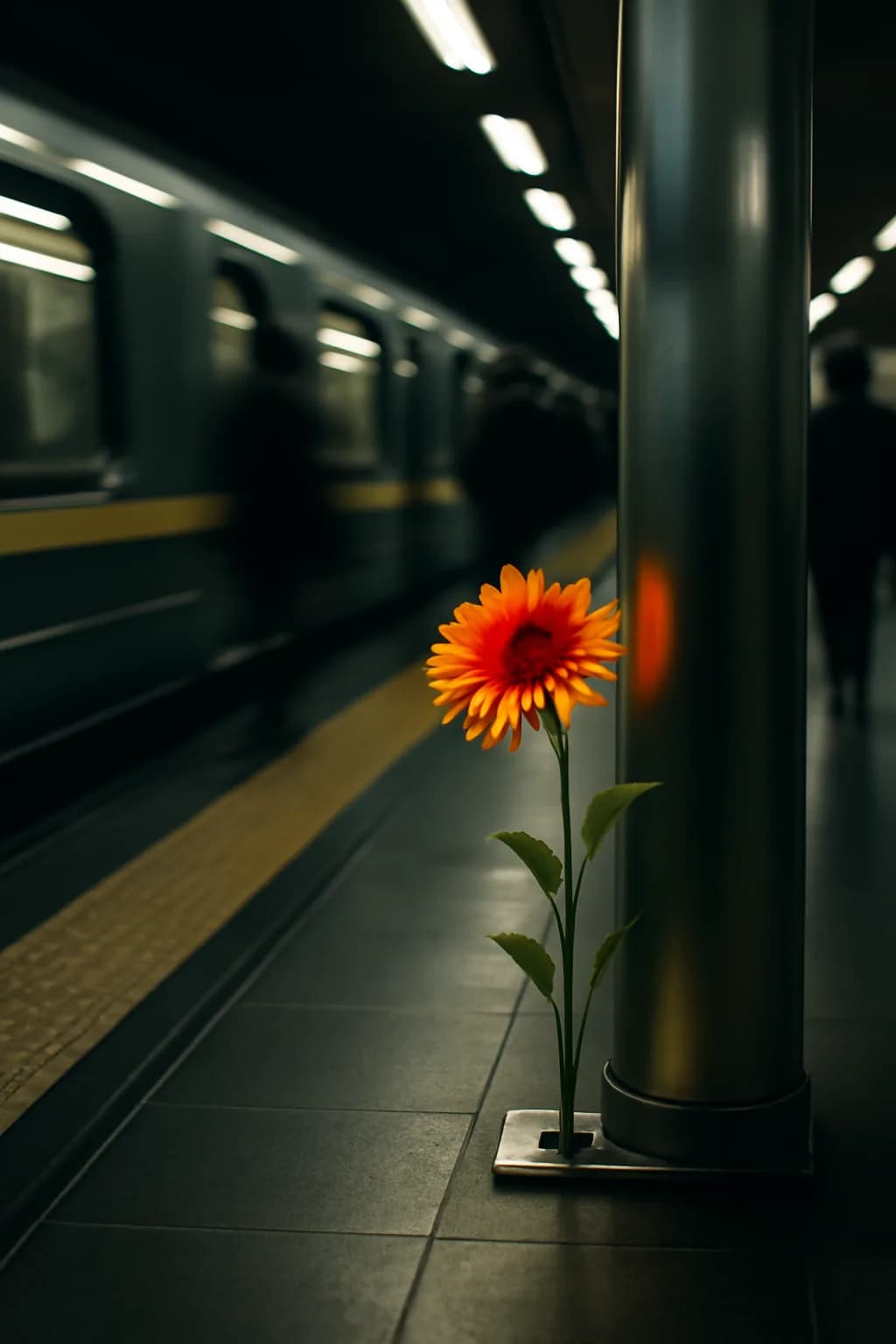 A realistic underground metro platform with a vivid flower installation, moody lighting, and cinematic depth. a fast transit-adjacent glimpse with strong leading lines