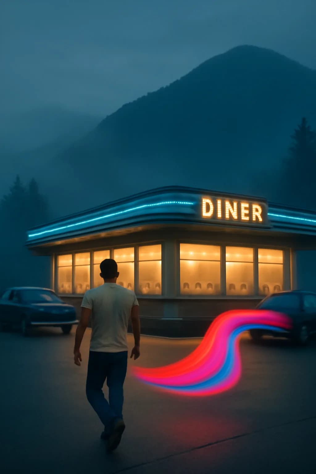 A realistic roadside mountain diner at blue hour with glowing windows, parked cars, mist, and quiet atmosphere. one impossible detail inside an otherwise believable everyday scene