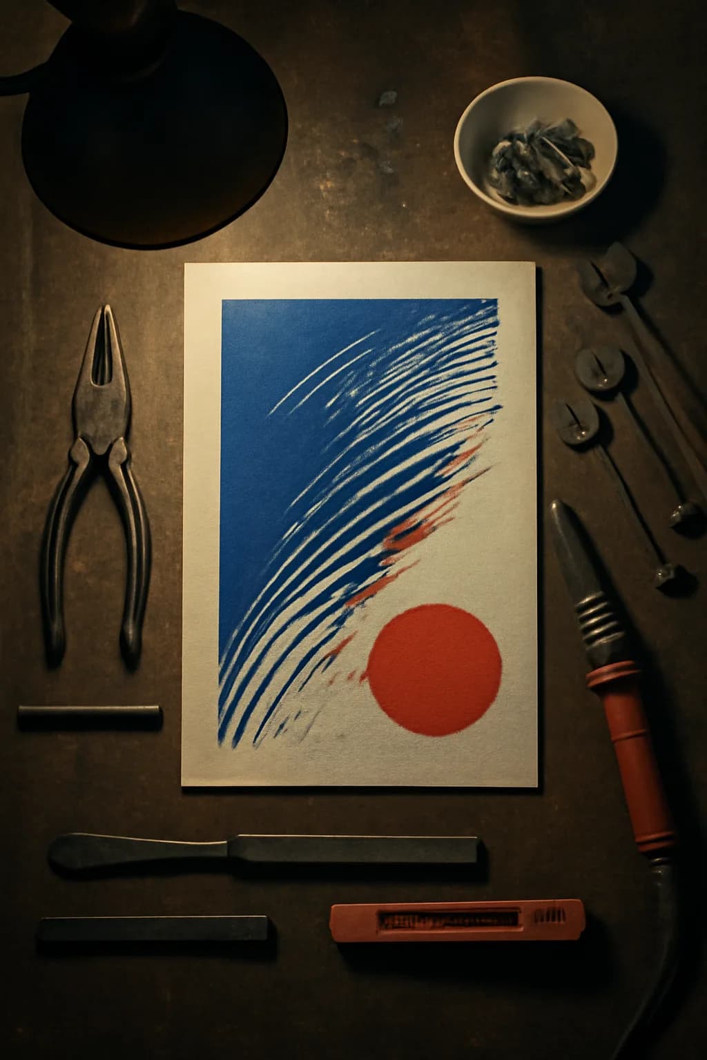 A realistic small workshop at night with warm lamps, precise tools, dust particles, and a cinematic handmade mood. top-down scene arranged like a ritual table, each item instantly readable