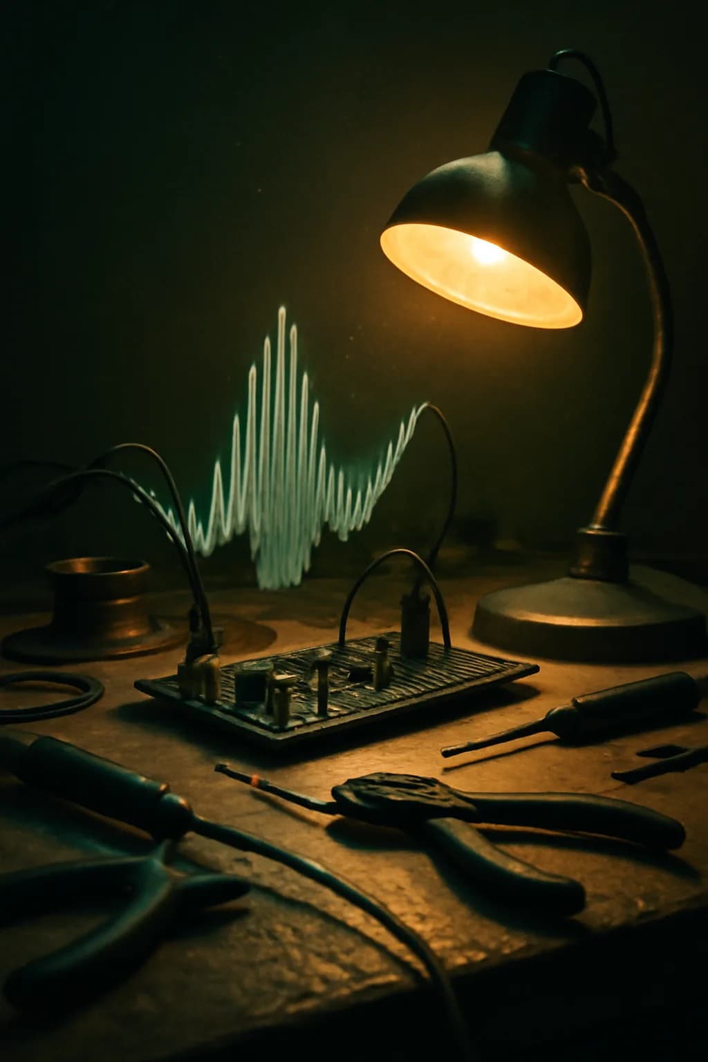 A realistic glass transit station in a desert at sunrise with warm light, long shadows, and a quiet futuristic mood. tight workspace scene with tools or components forming a visual rhythm