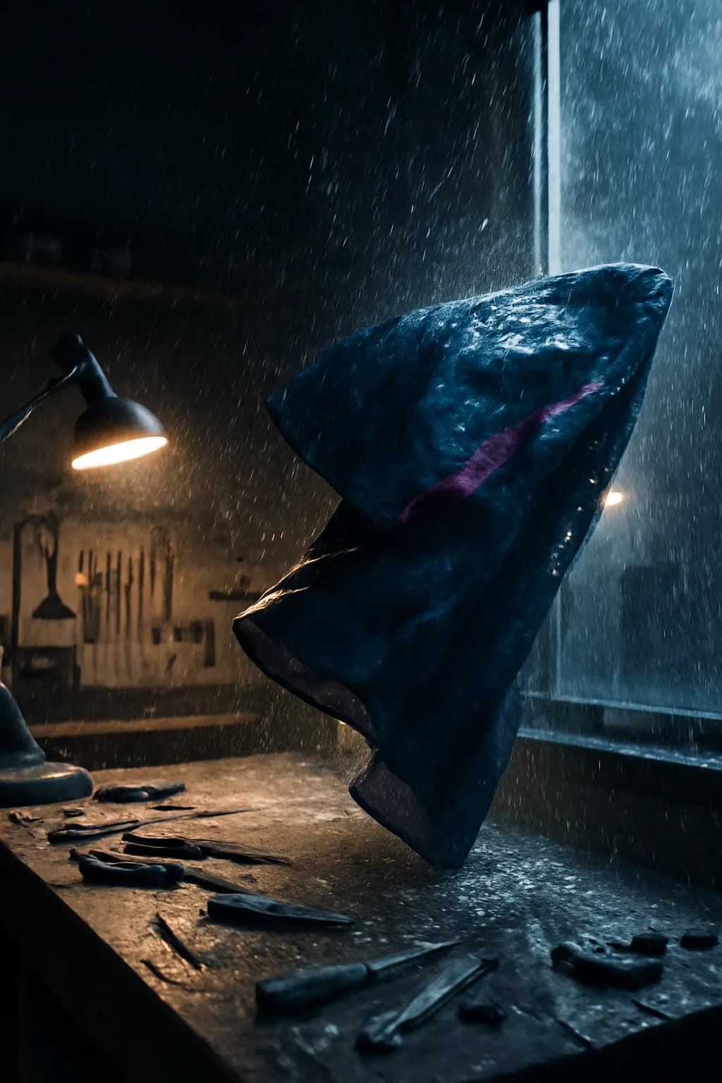 A realistic small workshop at night with warm lamps, precise tools, dust particles, and a cinematic handmade mood. a normal place interrupted by one precise weather event