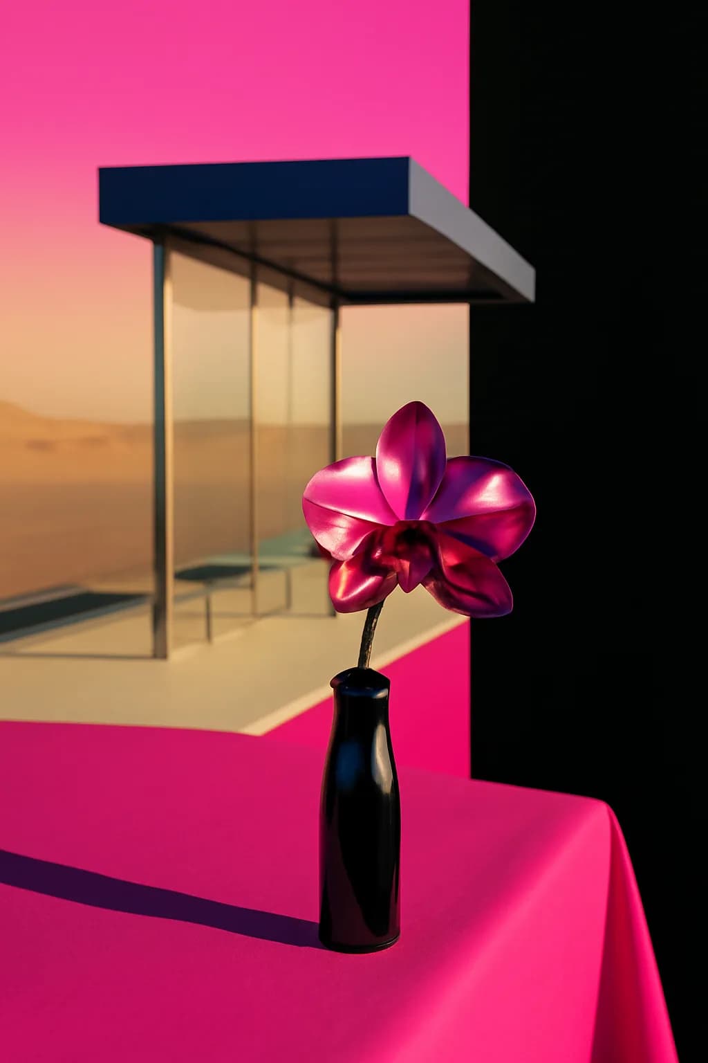 A realistic glass transit station in a desert at sunrise with warm light, long shadows, and a quiet futuristic mood. bold blocks of color arranged as a readable feed-first scene