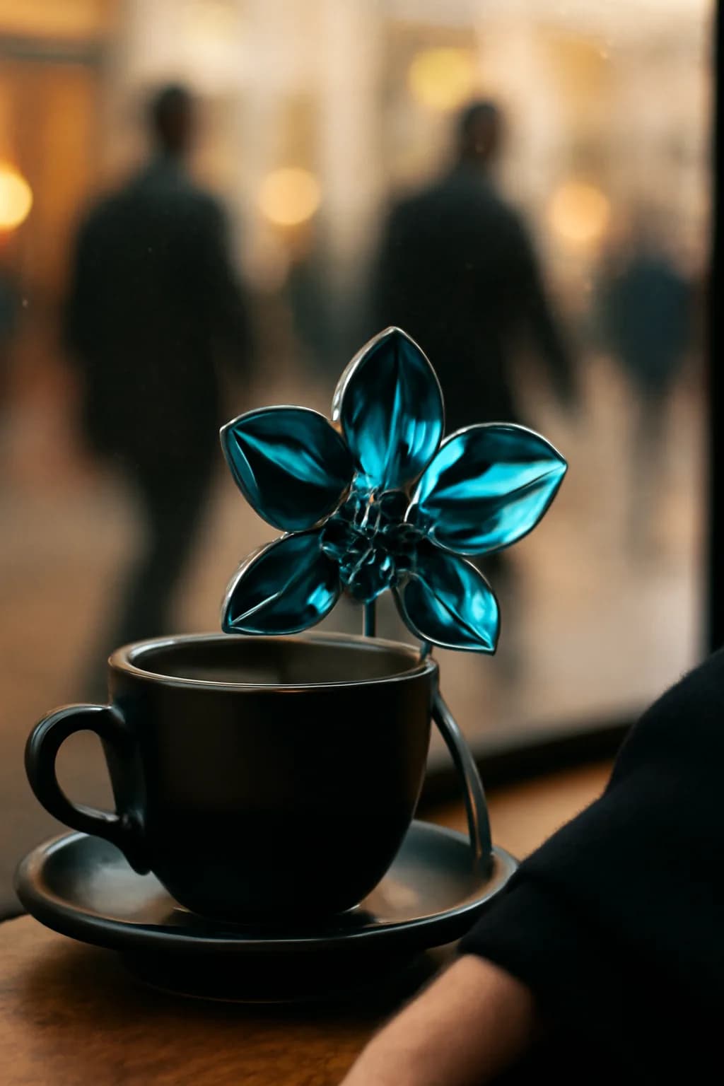 A realistic cafe window at morning rush with layered reflections, coffee cups, pedestrians, and soft street light. one memorable object dominates the frame with a clear silhouette and generous negative space
