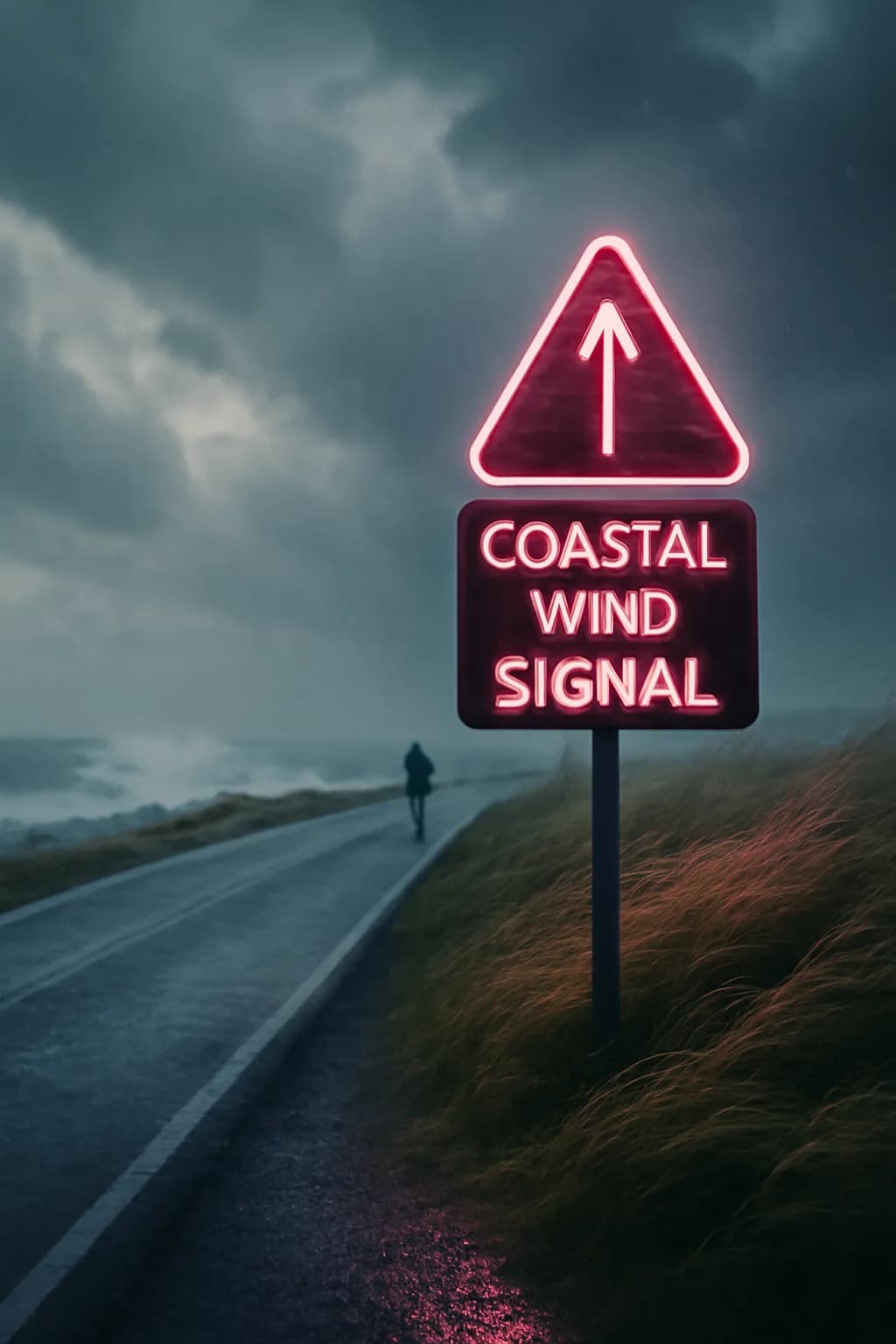 A realistic coastal road with sea spray, wind-shaped grass, dramatic sky, and a clean cinematic composition. a normal place interrupted by one precise weather event