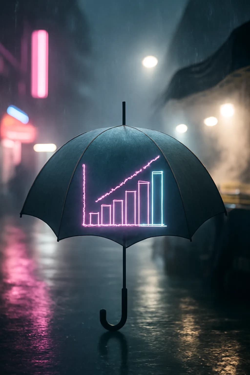 A photorealistic rainy night street market with neon reflections, wet pavement, and a cinematic city glow. a normal place interrupted by one precise weather event