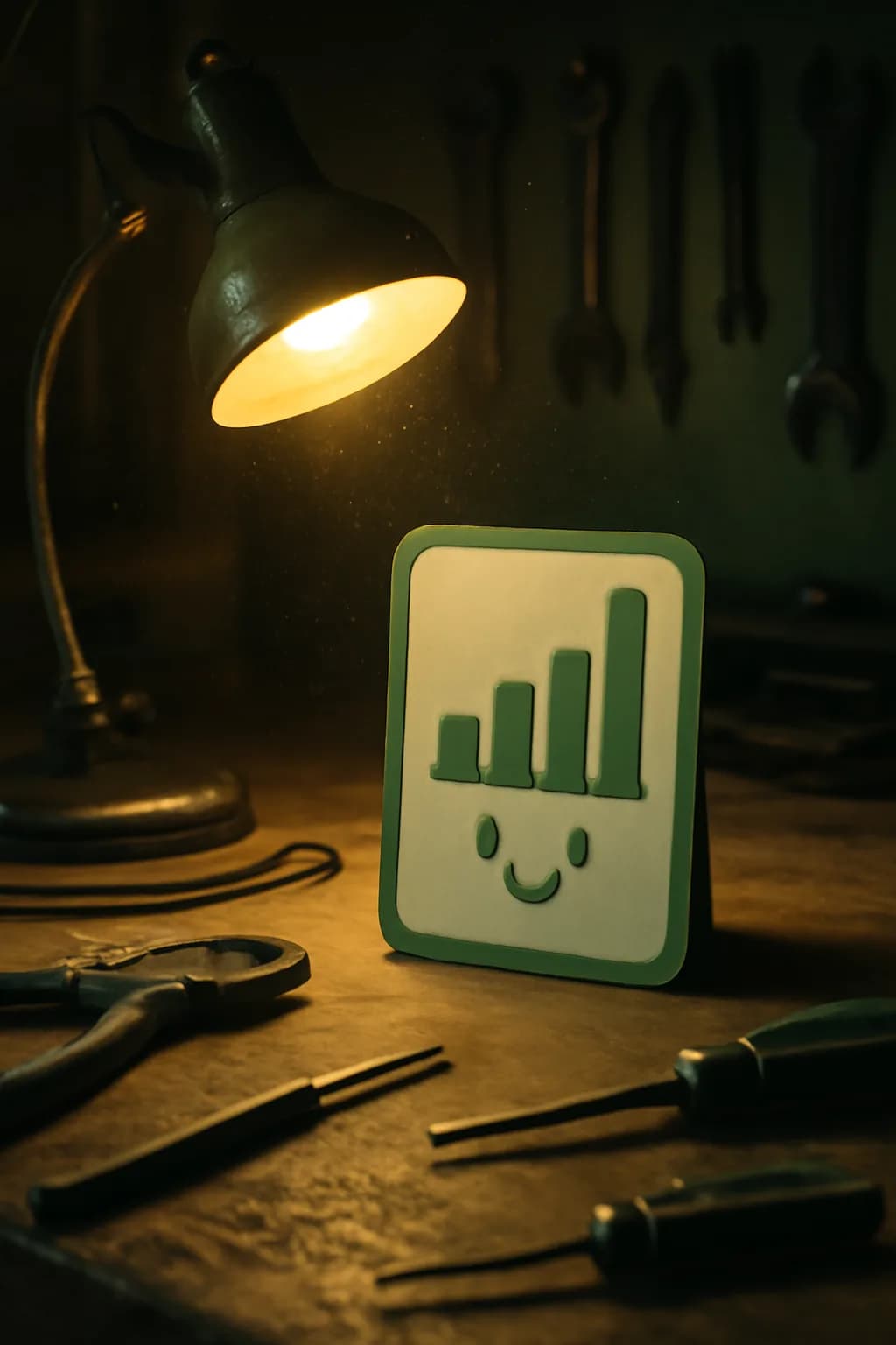 A realistic small workshop at night with warm lamps, precise tools, dust particles, and a cinematic handmade mood. tight workspace scene with tools or components forming a visual rhythm