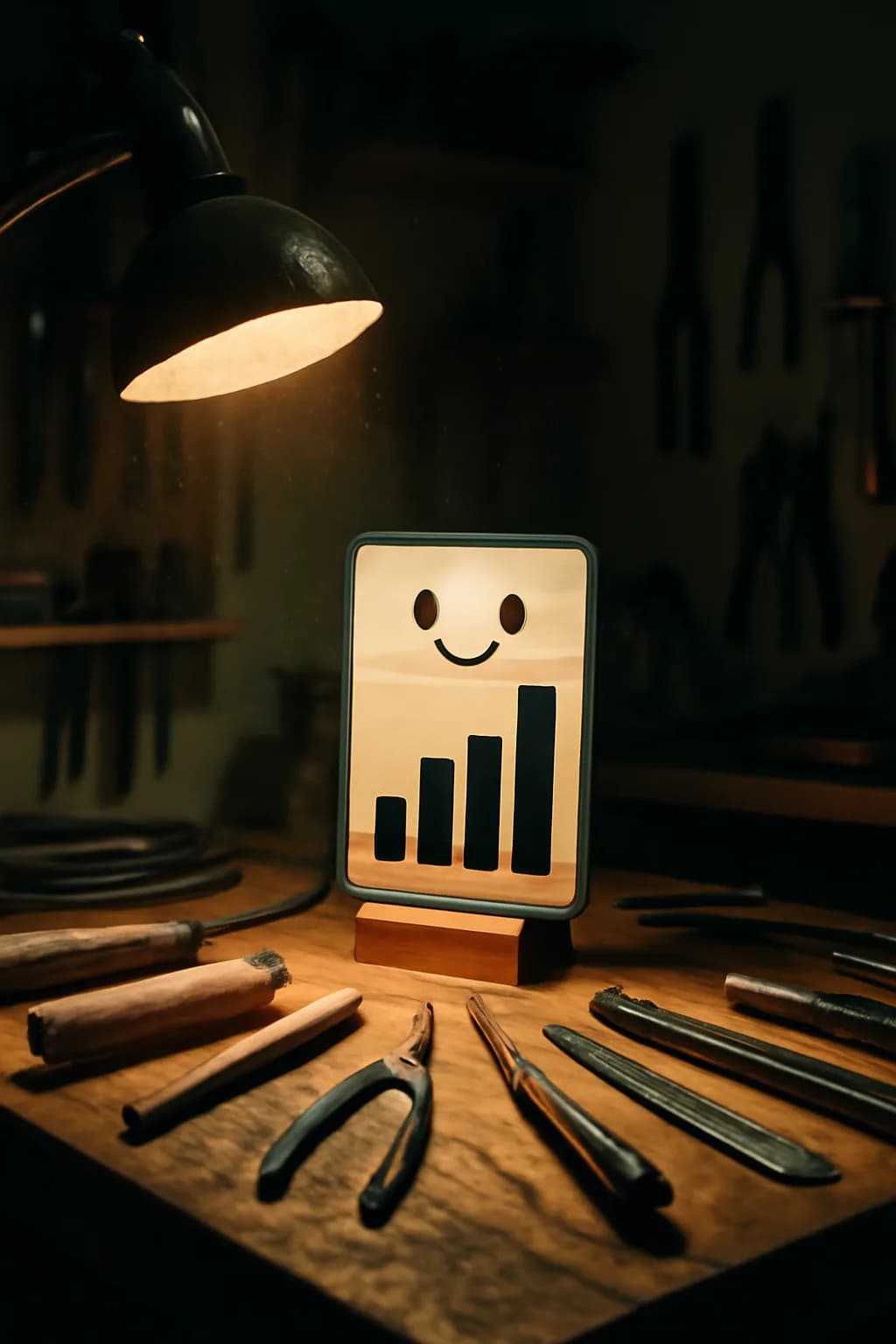 A realistic small workshop at night with warm lamps, precise tools, dust particles, and a cinematic handmade mood. tight workspace scene with tools or components forming a visual rhythm