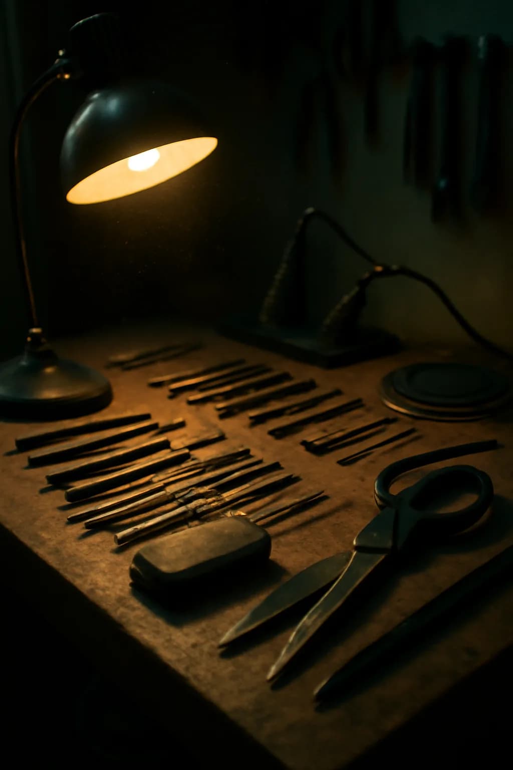 A realistic small workshop at night with warm lamps, precise tools, dust particles, and a cinematic handmade mood. tight workspace scene with tools or components forming a visual rhythm