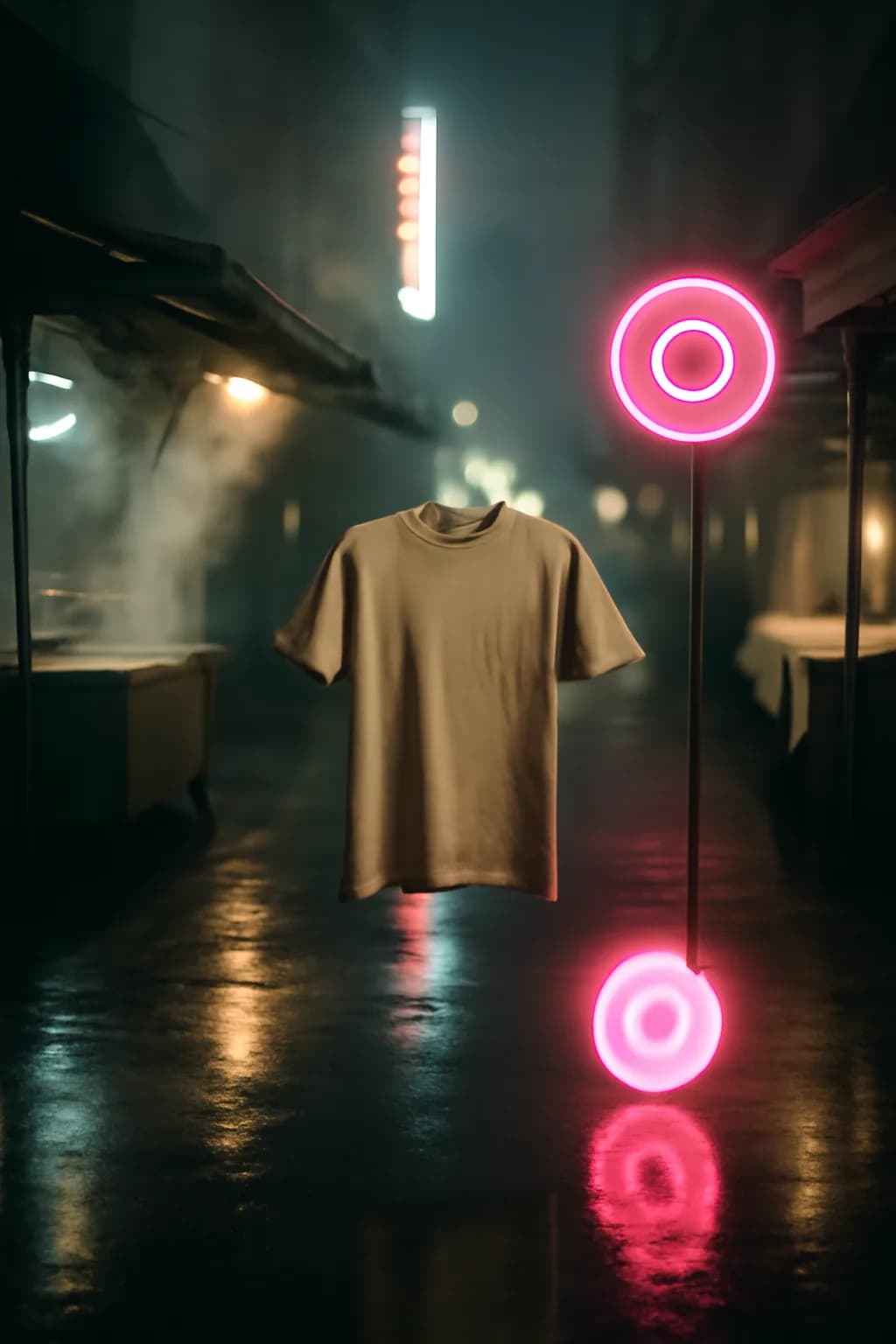 A photorealistic rainy night street market with neon reflections, wet pavement, and a cinematic city glow. one impossible detail inside an otherwise believable everyday scene