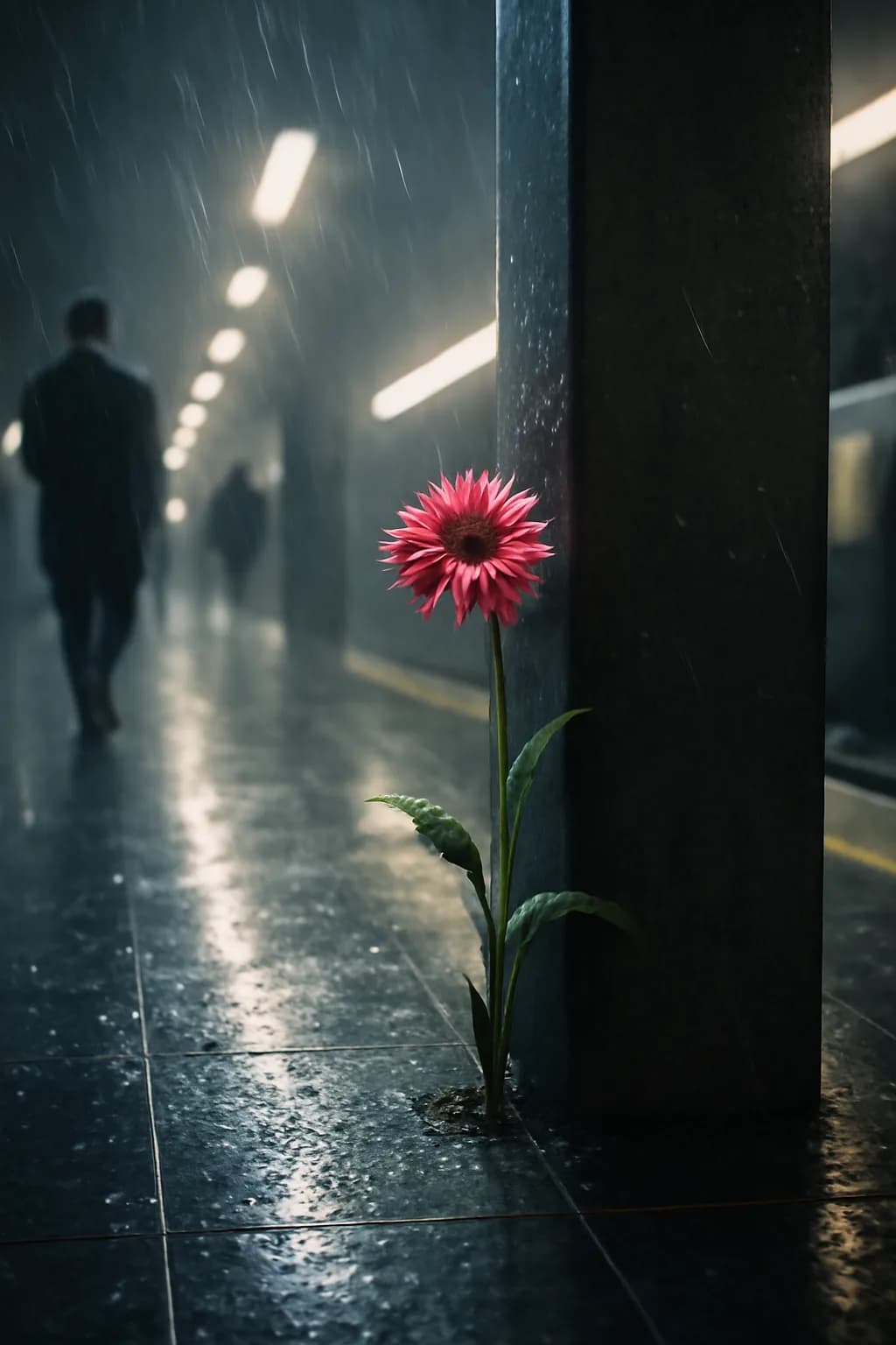 A realistic underground metro platform with a vivid flower installation, moody lighting, and cinematic depth. a normal place interrupted by one precise weather event